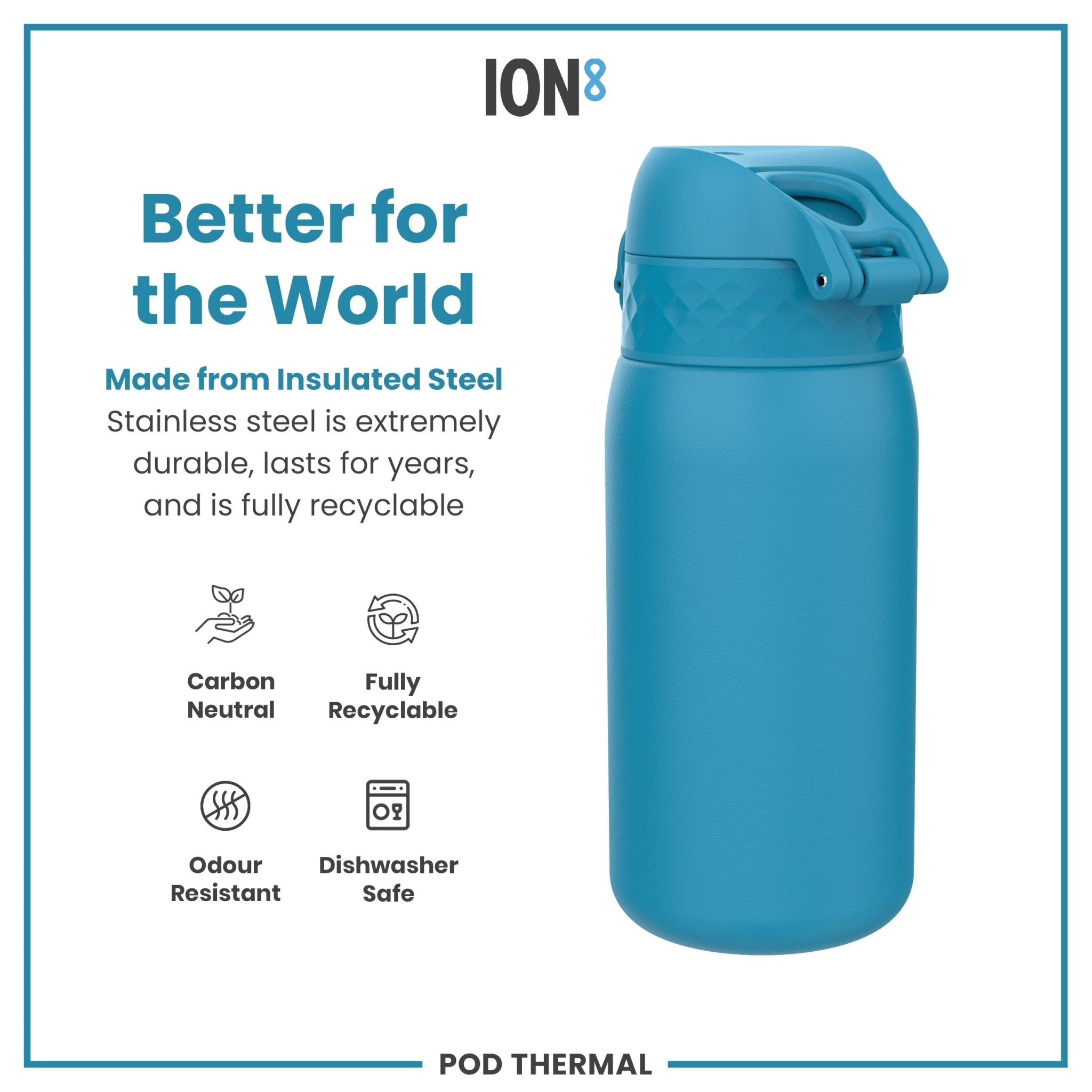 Blue ION8 insulated steel water bottle, leak-proof thermal design, 320ml capacity, ideal for hot and cold beverages.