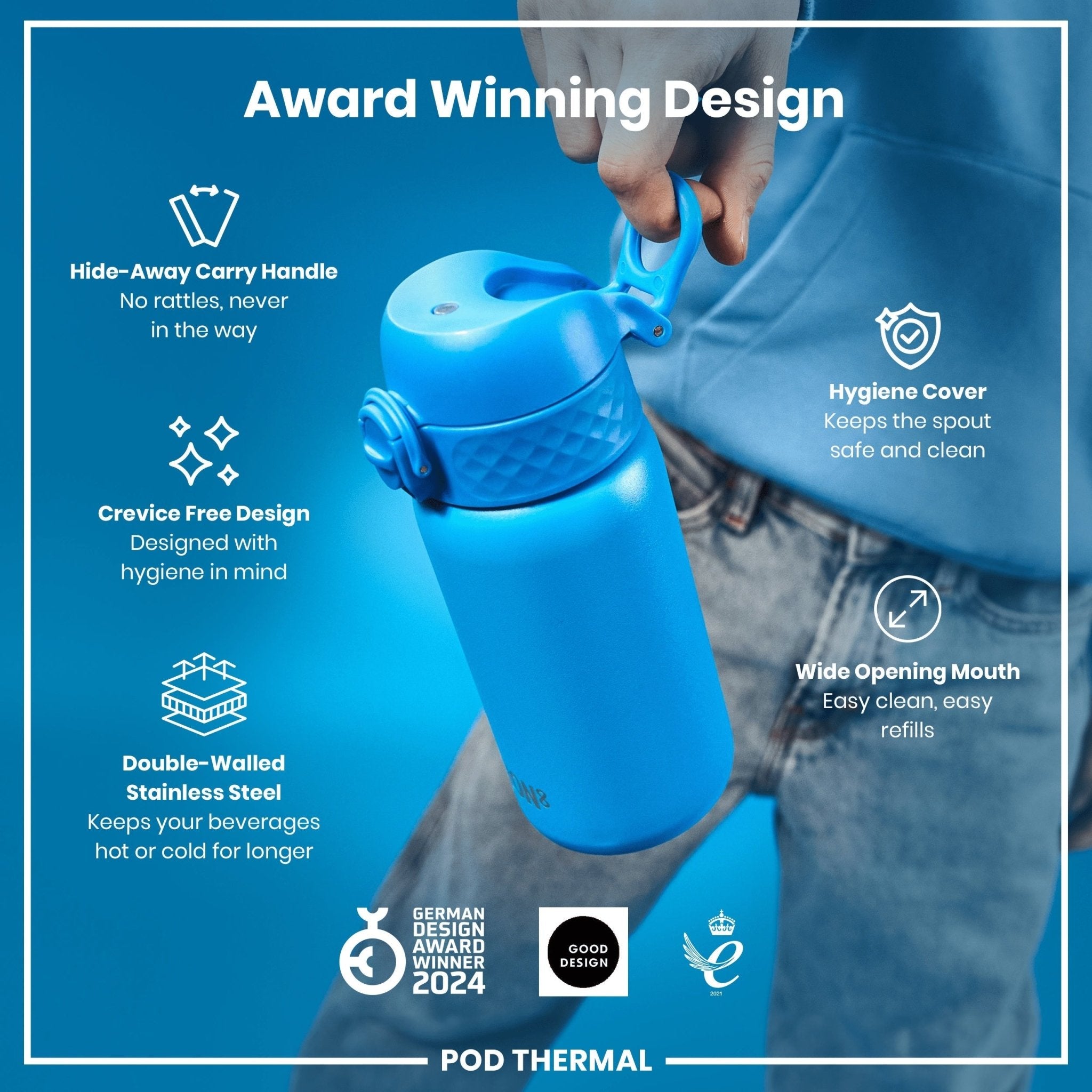 Blue ION8 insulated steel water bottle, 320ml, leak-proof thermal design, ideal for keeping drinks hot or cold.