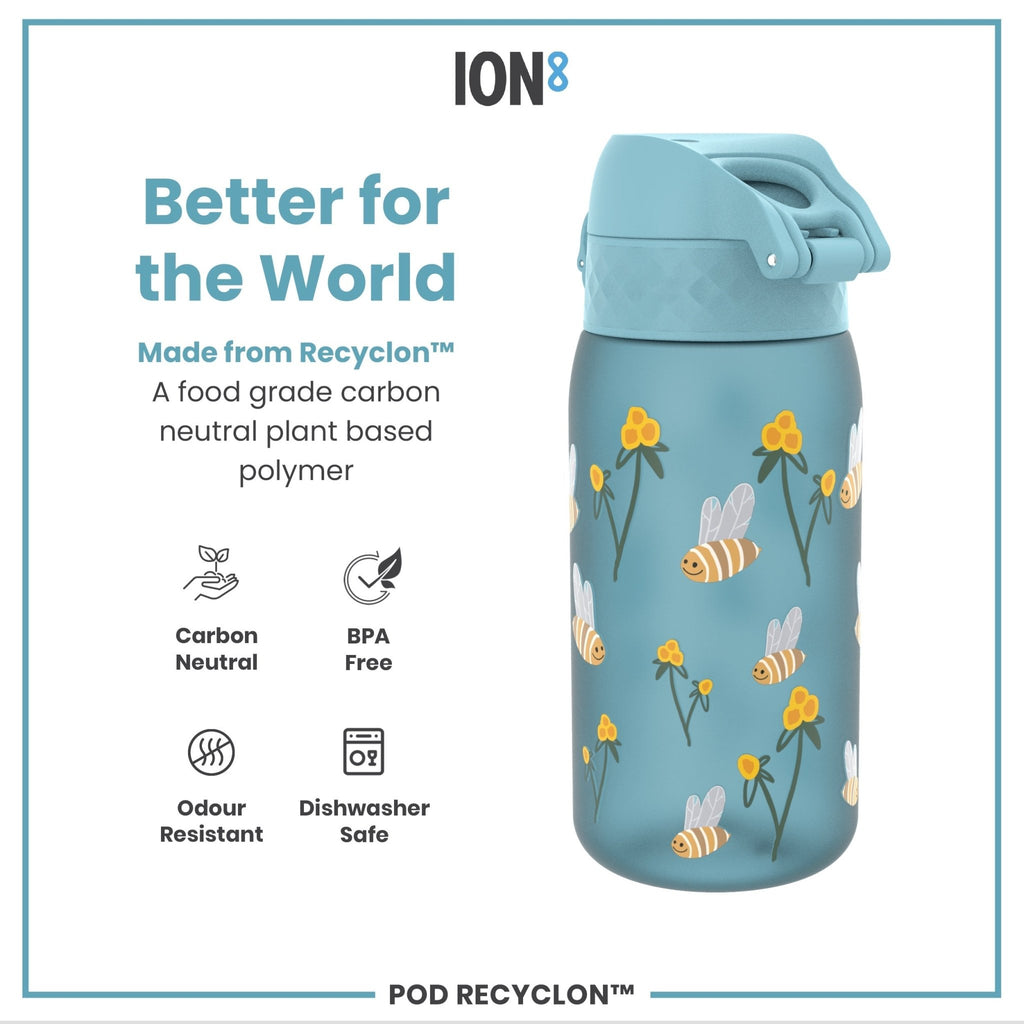 ION8 Recyclon leak-proof kids' water bottle with Bumble Bees design, 350ml capacity, made for children’s hydration.