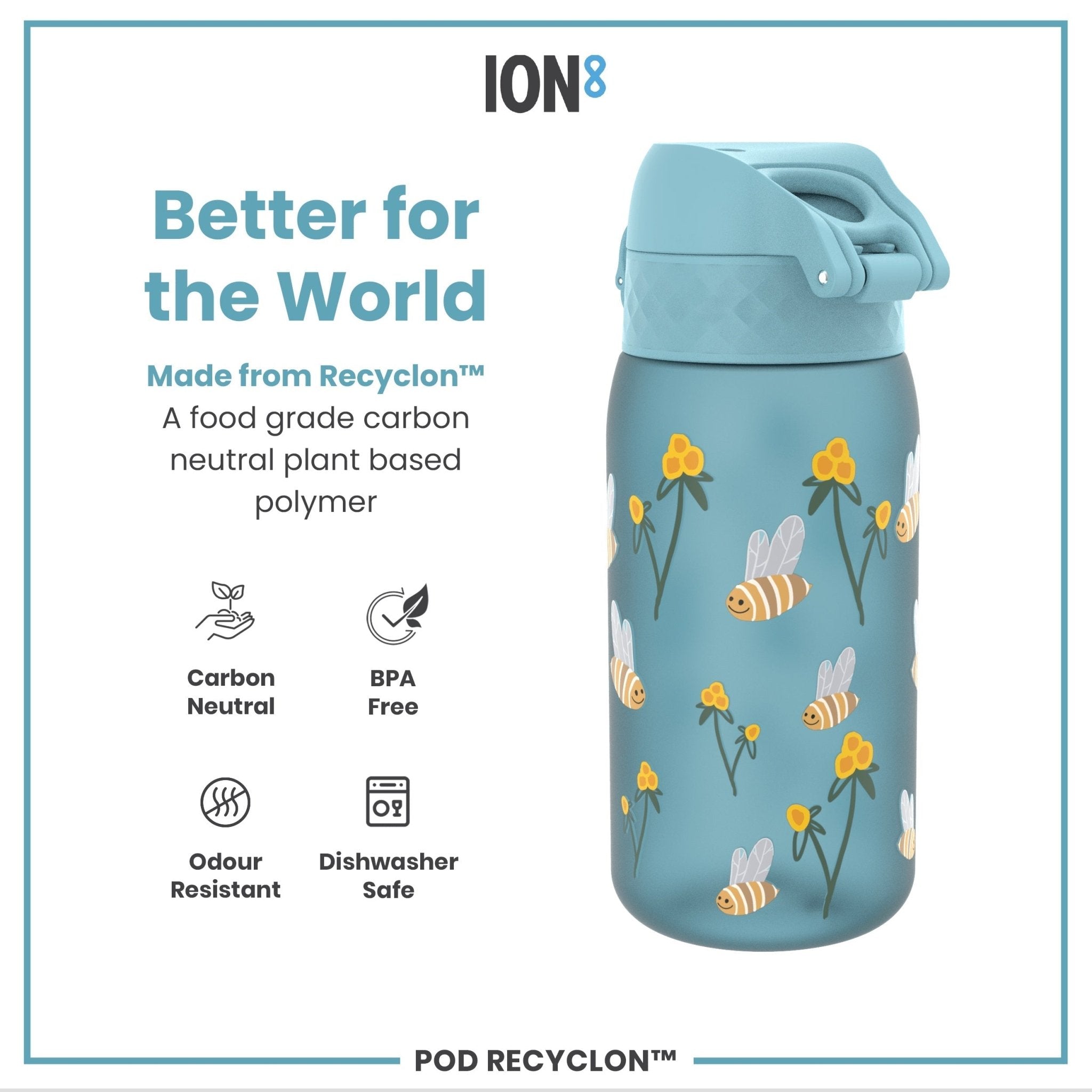 ION8 Recyclon leak-proof kids' water bottle with Bumble Bees design, 350ml capacity, made for children’s hydration.