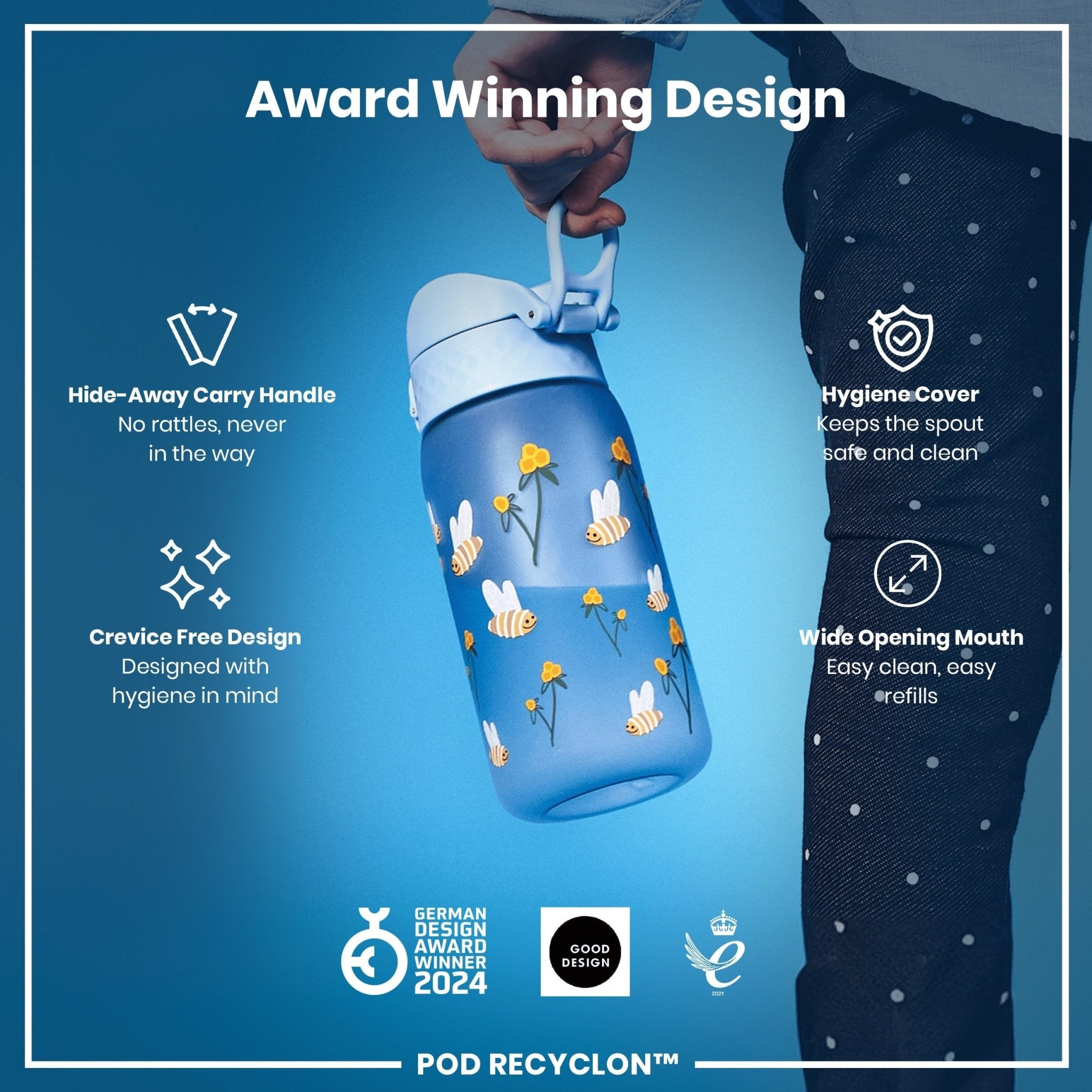 Ion8 Recyclon leak-proof kids' water bottle with bumble bee design, 350ml capacity, made of recyclable materials.