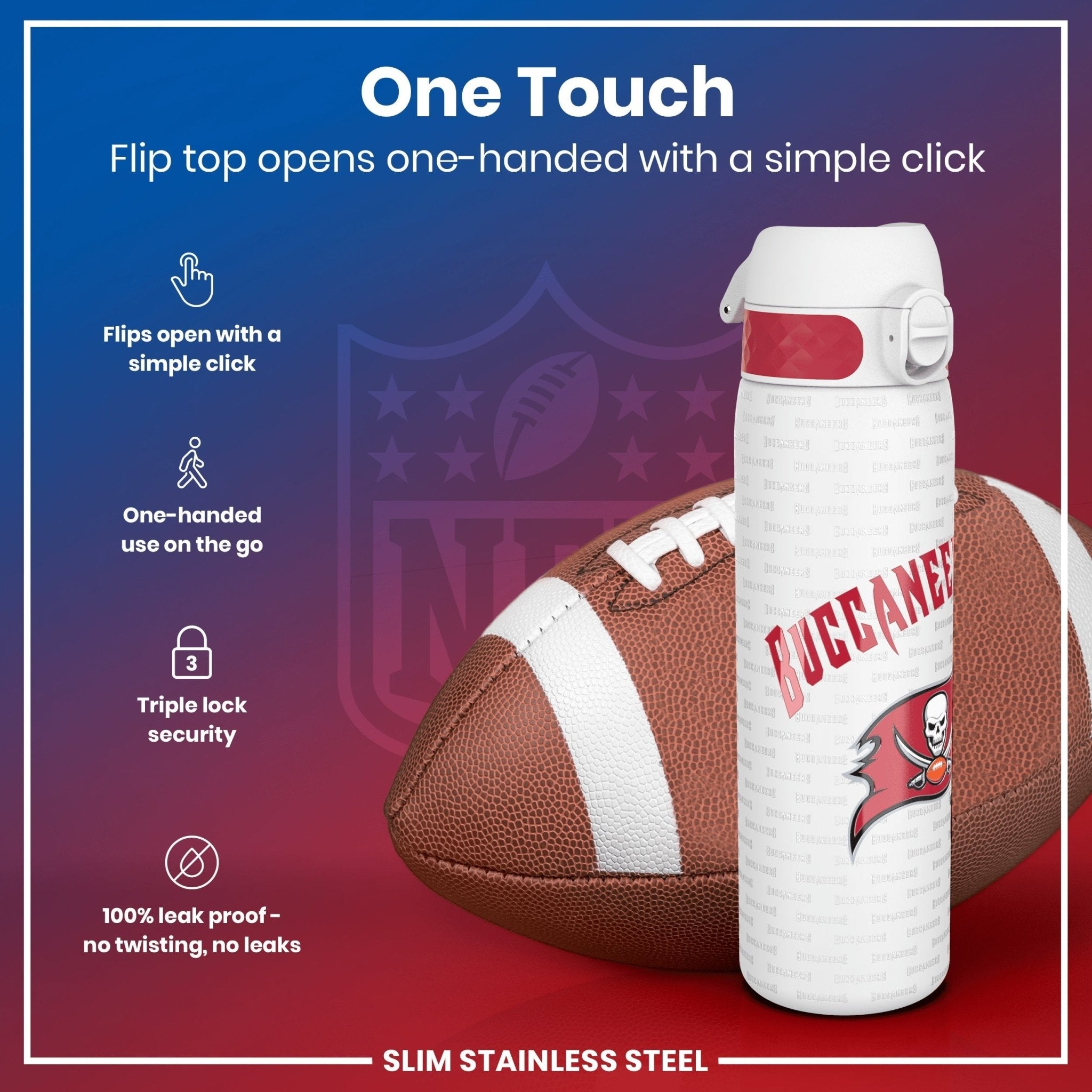ION8 stainless steel NFL water bottle featuring Tampa Bay Buccaneers logo, leak-proof design, 600ml capacity, 20oz sports water bottle.