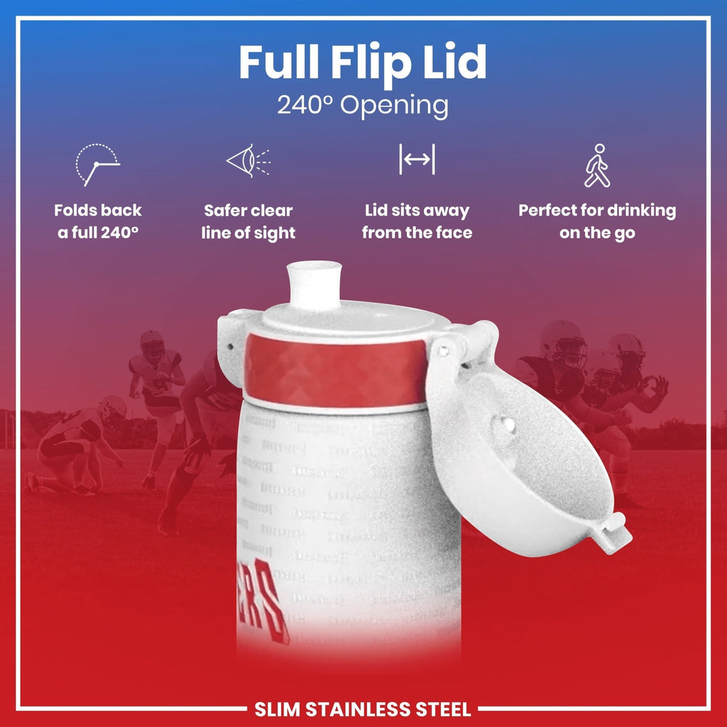 Ion8 stainless steel leak-proof NFL water bottle featuring Tampa Bay Buccaneers logo, 600ml (20oz) capacity, durable design.
