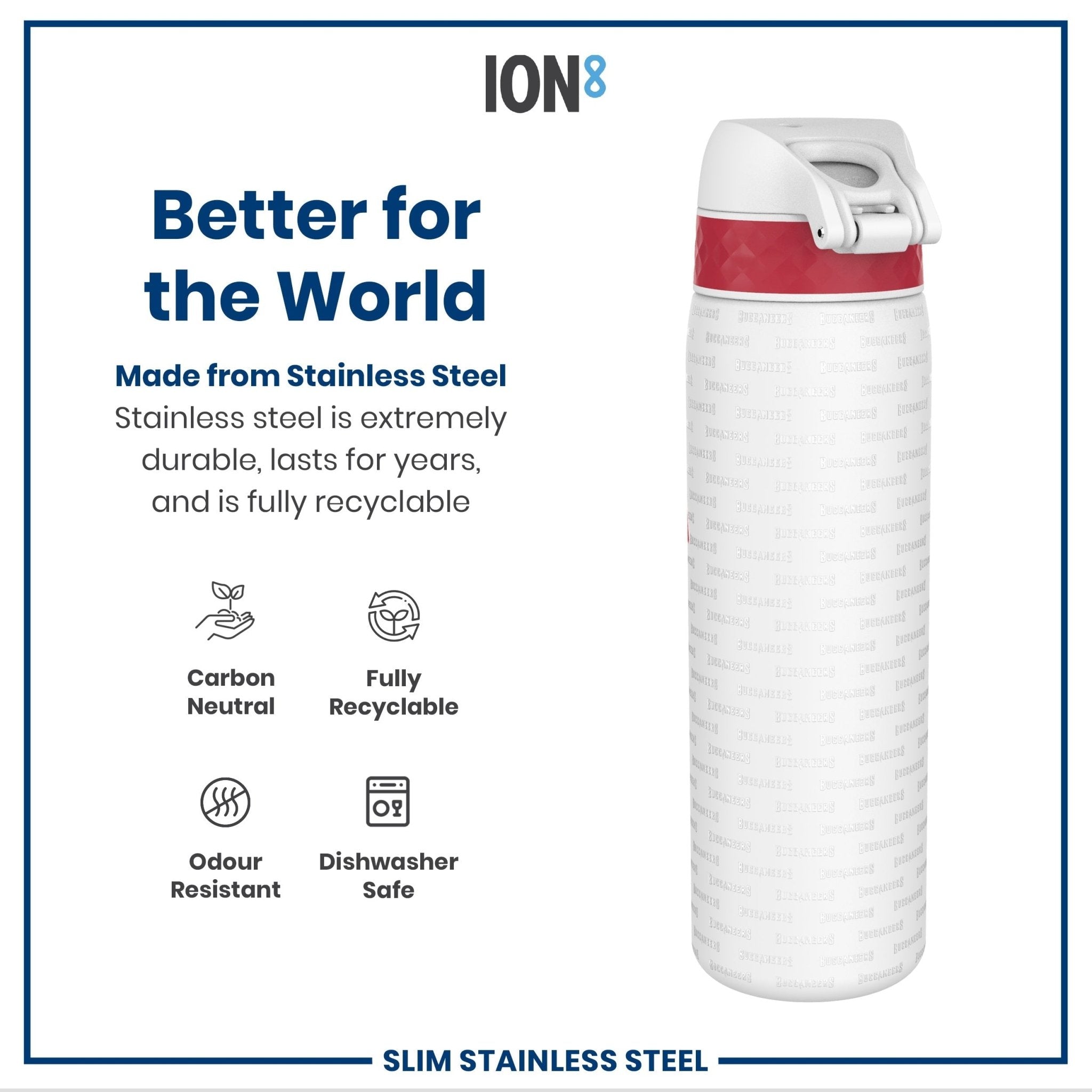 Ion8 stainless steel NFL water bottle featuring Tampa Bay Buccaneers logo, leak-proof design, 600ml capacity.
