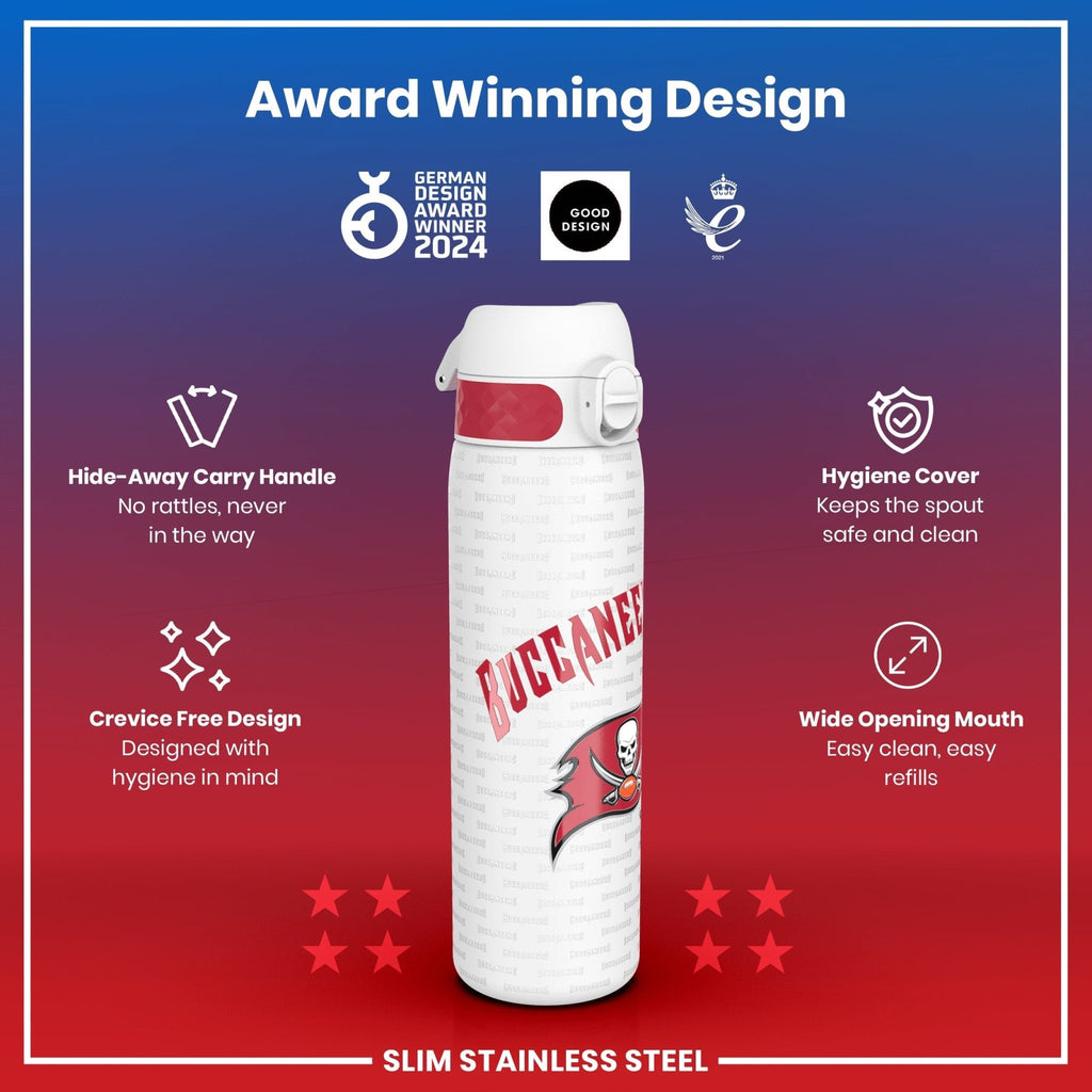 Ion8 leak-proof NFL water bottle featuring Tampa Bay Buccaneers logo, stainless steel, 600ml capacity, 20oz sports water bottle