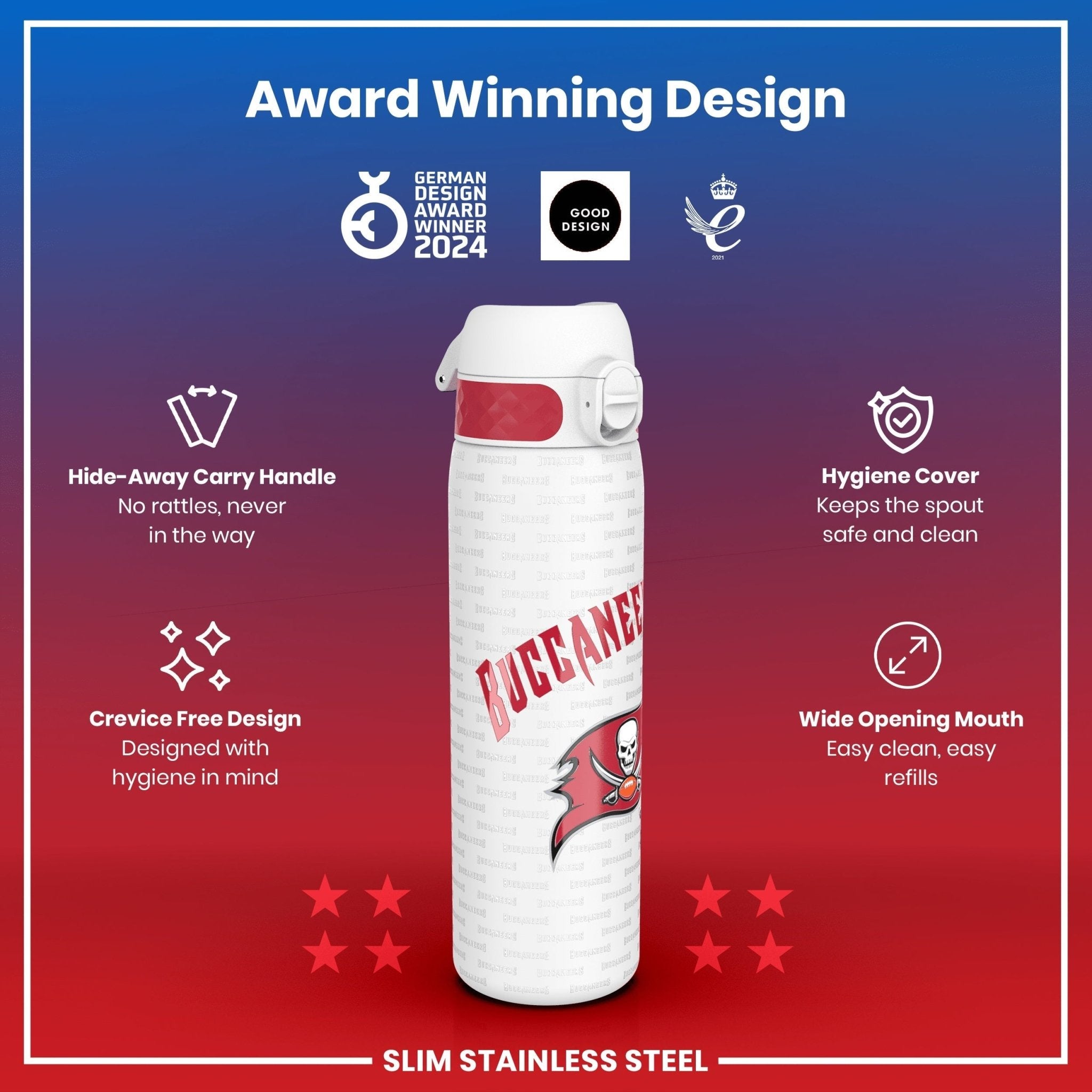Ion8 leak-proof NFL water bottle featuring Tampa Bay Buccaneers logo, stainless steel, 600ml capacity, 20oz sports water bottle