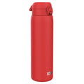 Red stainless steel ION8 leak-proof 1-liter water bottle with a secure cap, ideal for hydration on the go.
