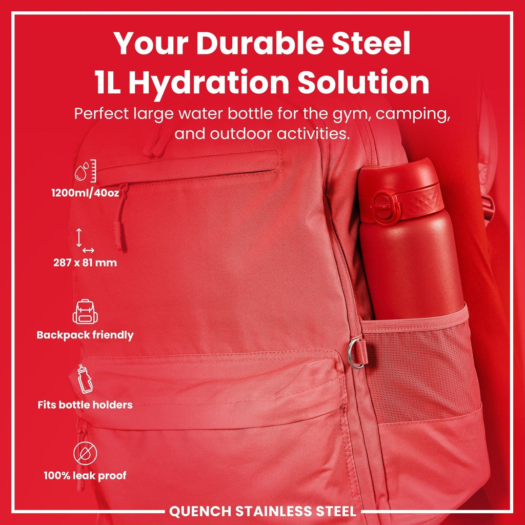 Red ION8 stainless steel 1-liter water bottle with leak-proof design, ideal for hydration on the go.