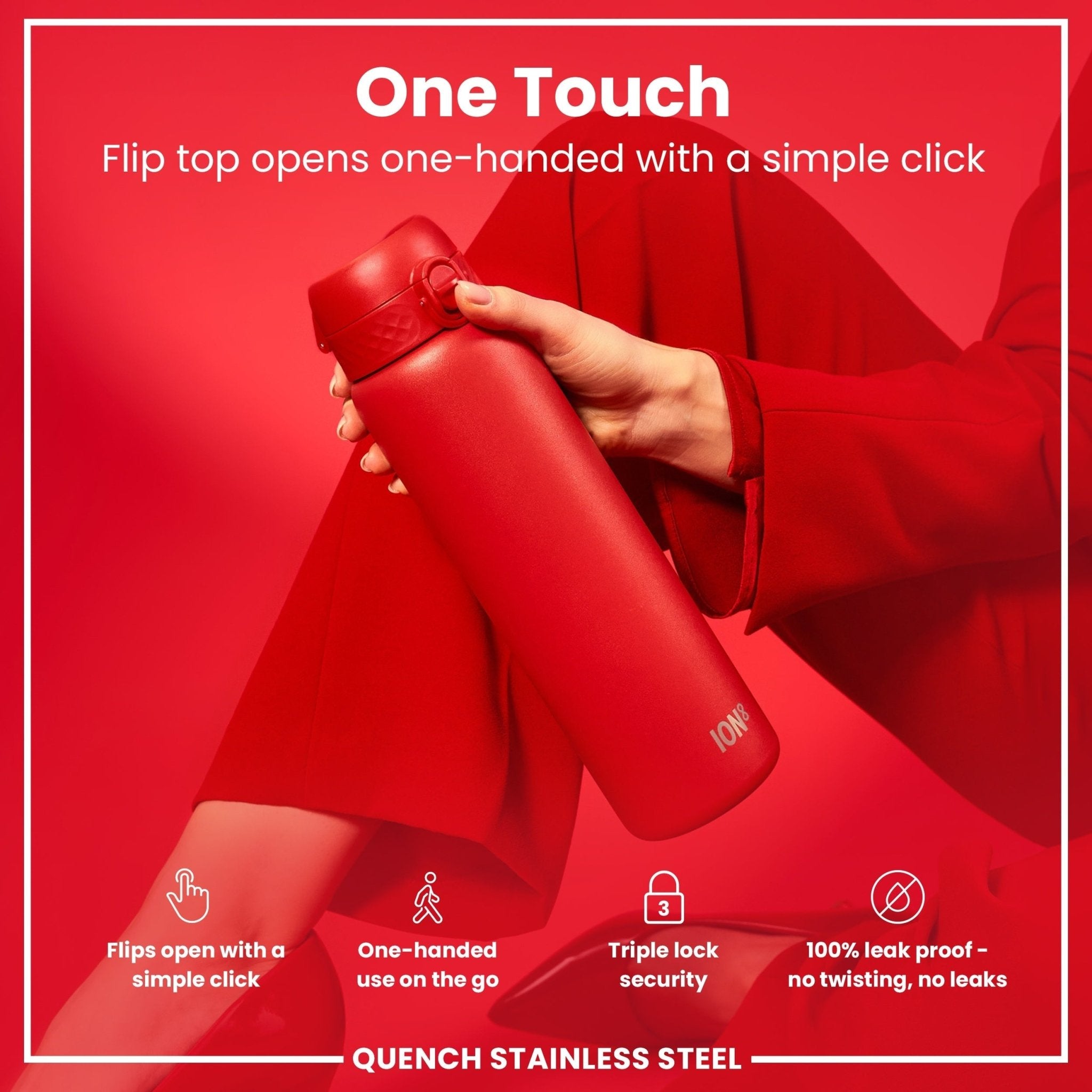 Red stainless steel water bottle by ION8, 1 liter leak-proof design perfect for staying hydrated on the go.