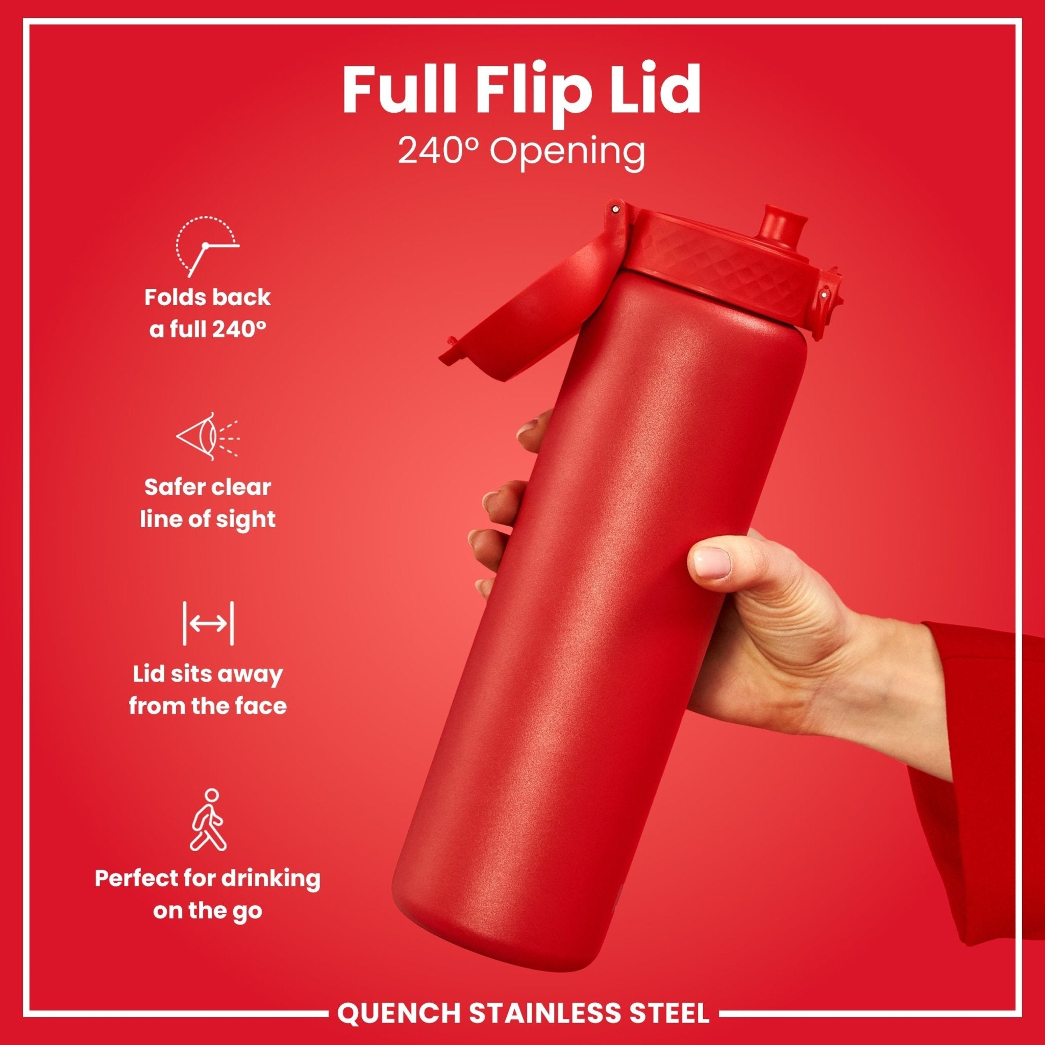 Red 1-liter stainless steel water bottle by ION8, leak-proof design, durable and ideal for outdoor hydration.