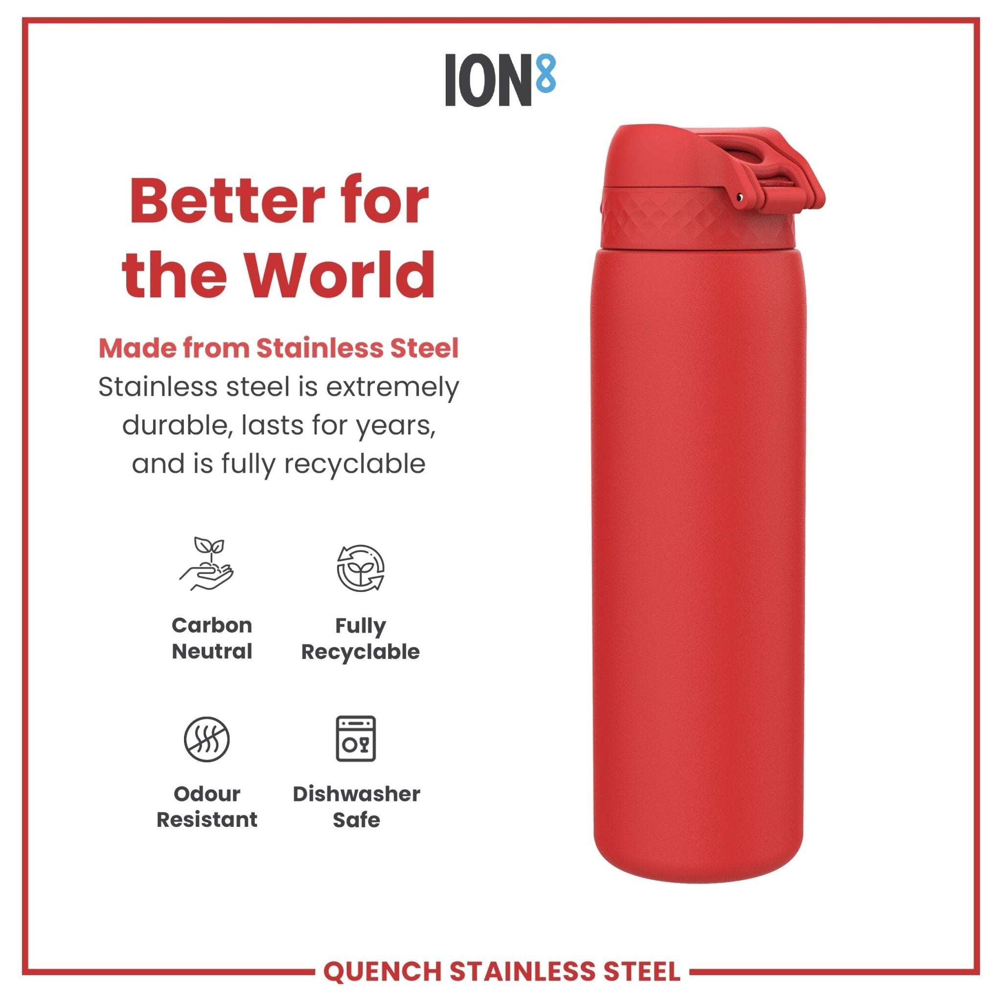 Red stainless steel water bottle by ION8 with leak-proof design, 1 liter capacity, ideal for staying hydrated on the go.