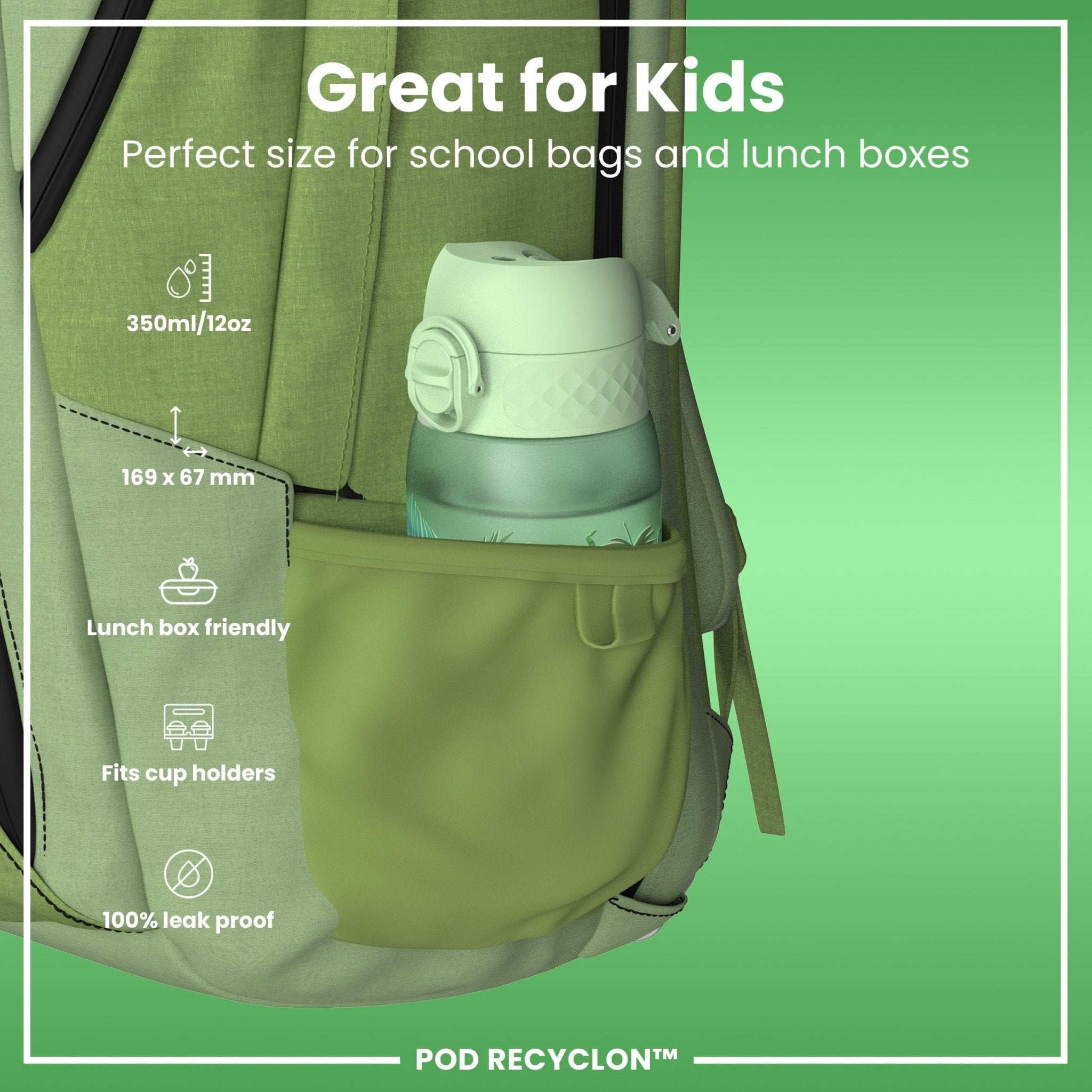 ION8 Leak Proof Kids' Water Bottle with pandas design, 350ml Recyclon water bottle for children, eco-friendly and spill-proof.