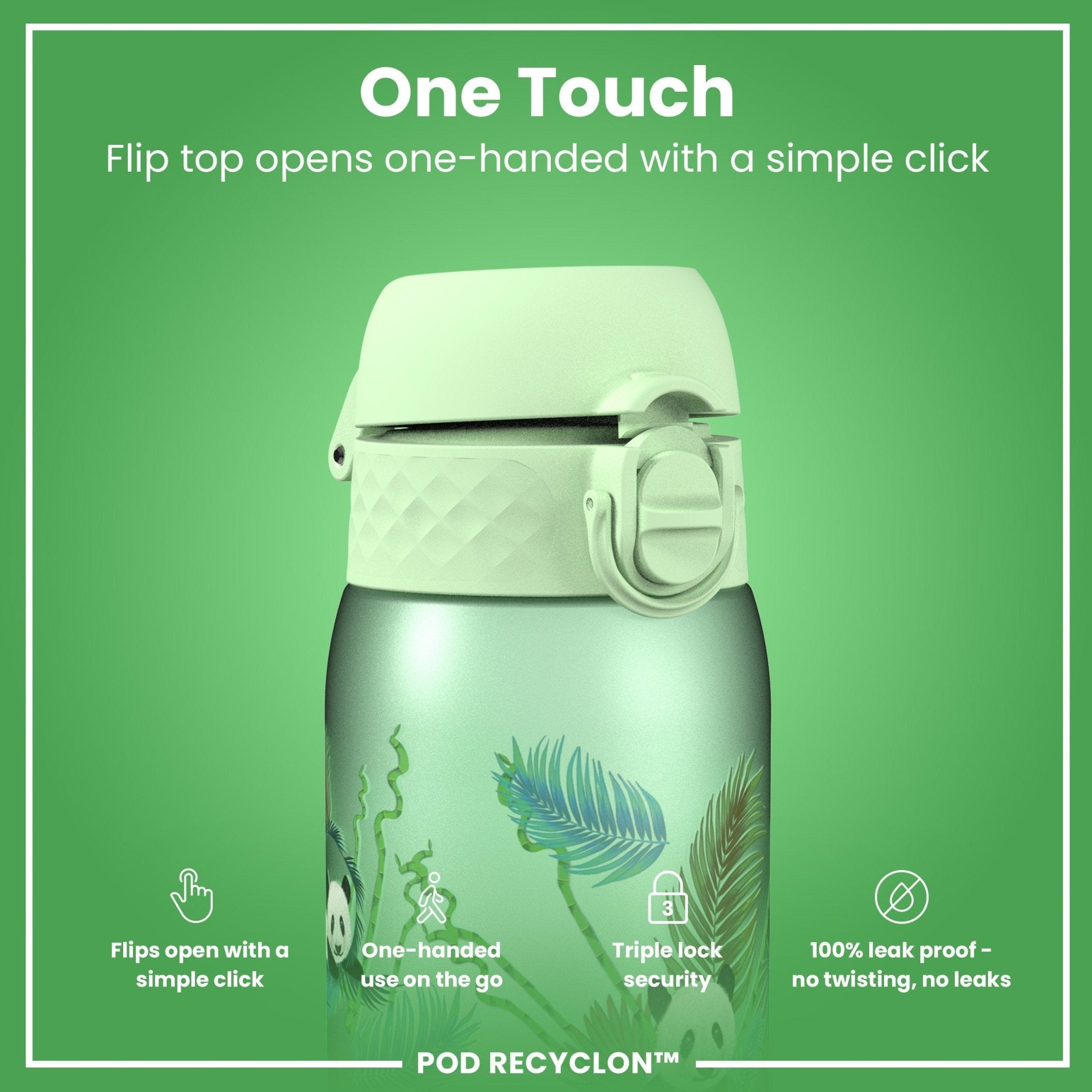 ION8 Recyclon leak-proof kids' water bottle with panda design, 350ml capacity, made from recyclable materials.
