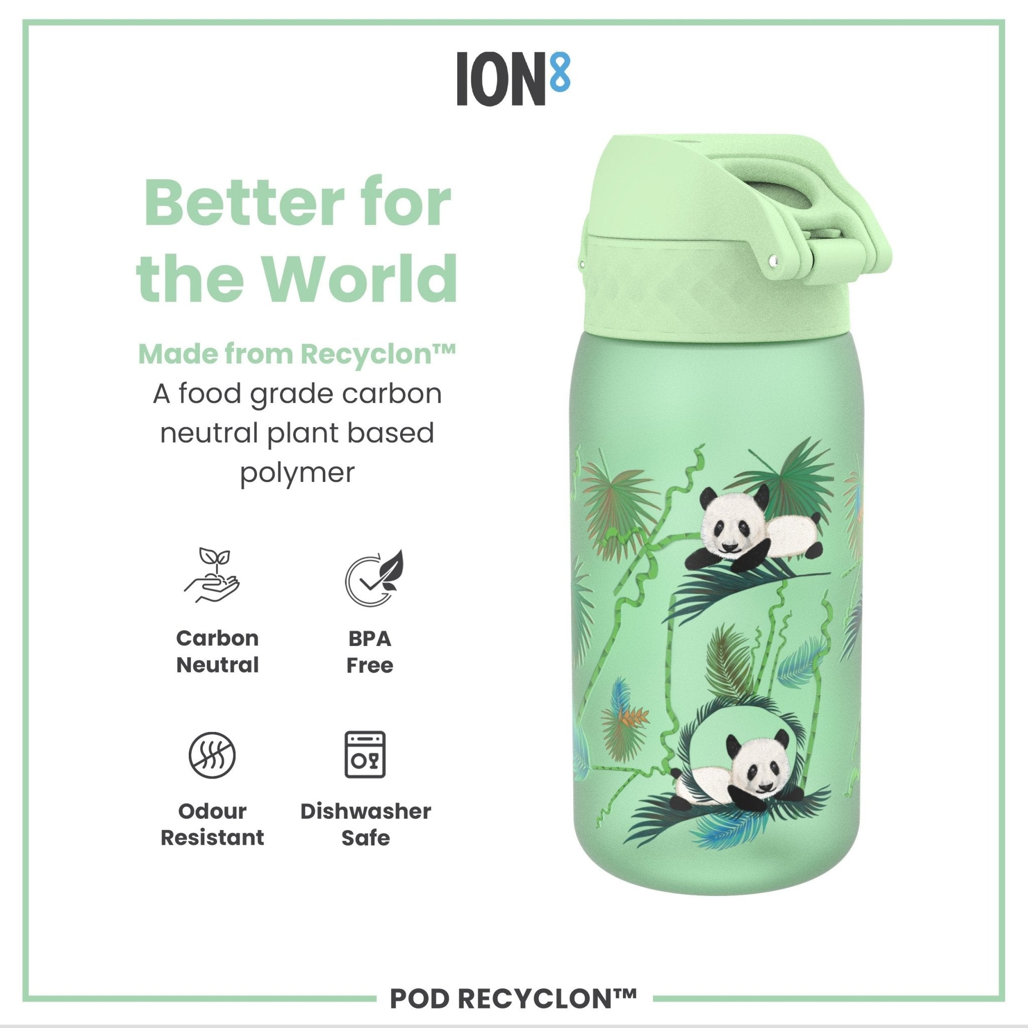 ION8 Recyclon leak-proof kids' water bottle with pandas, 350ml (12oz), made from recyclable materials, featuring a secure lid and colorful design.