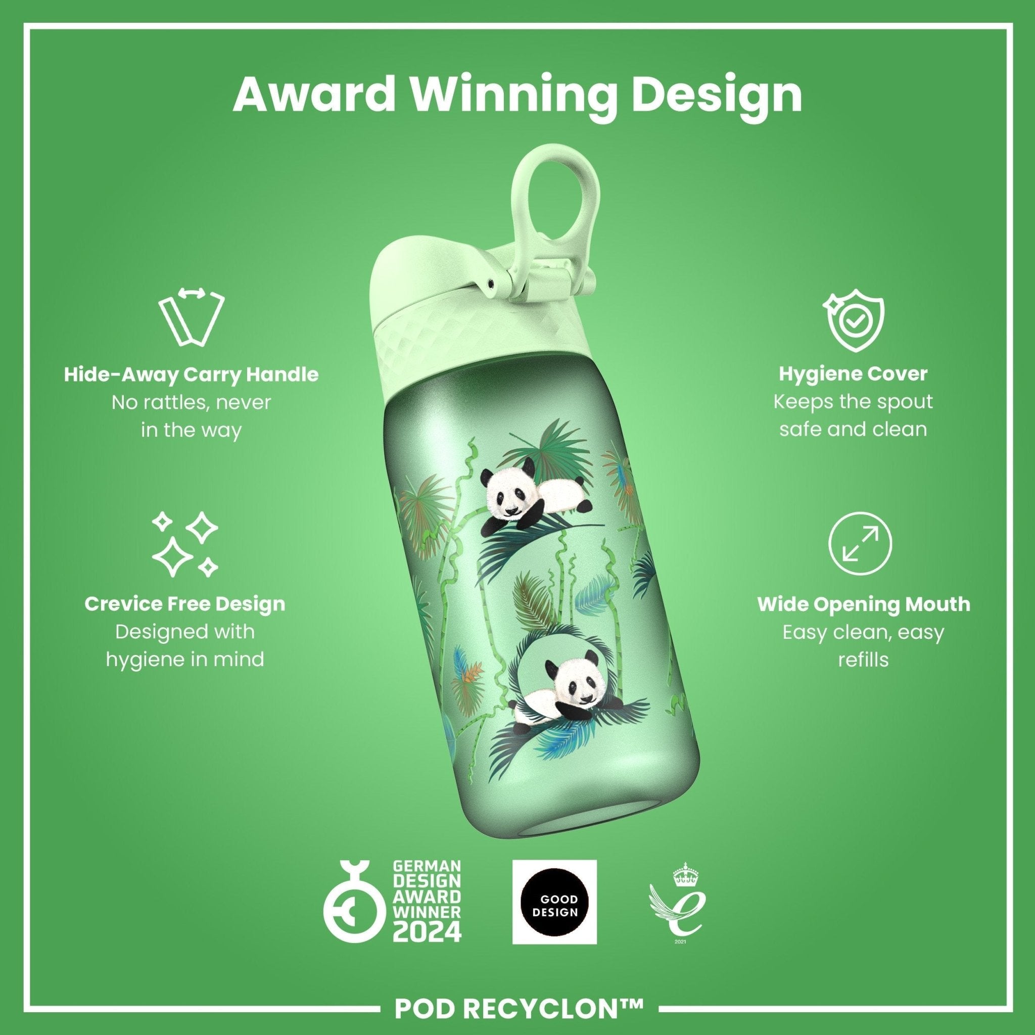 ION8 Recyclon leak-proof kids' water bottle with panda design, 350ml (12oz), durable and eco-friendly for children.