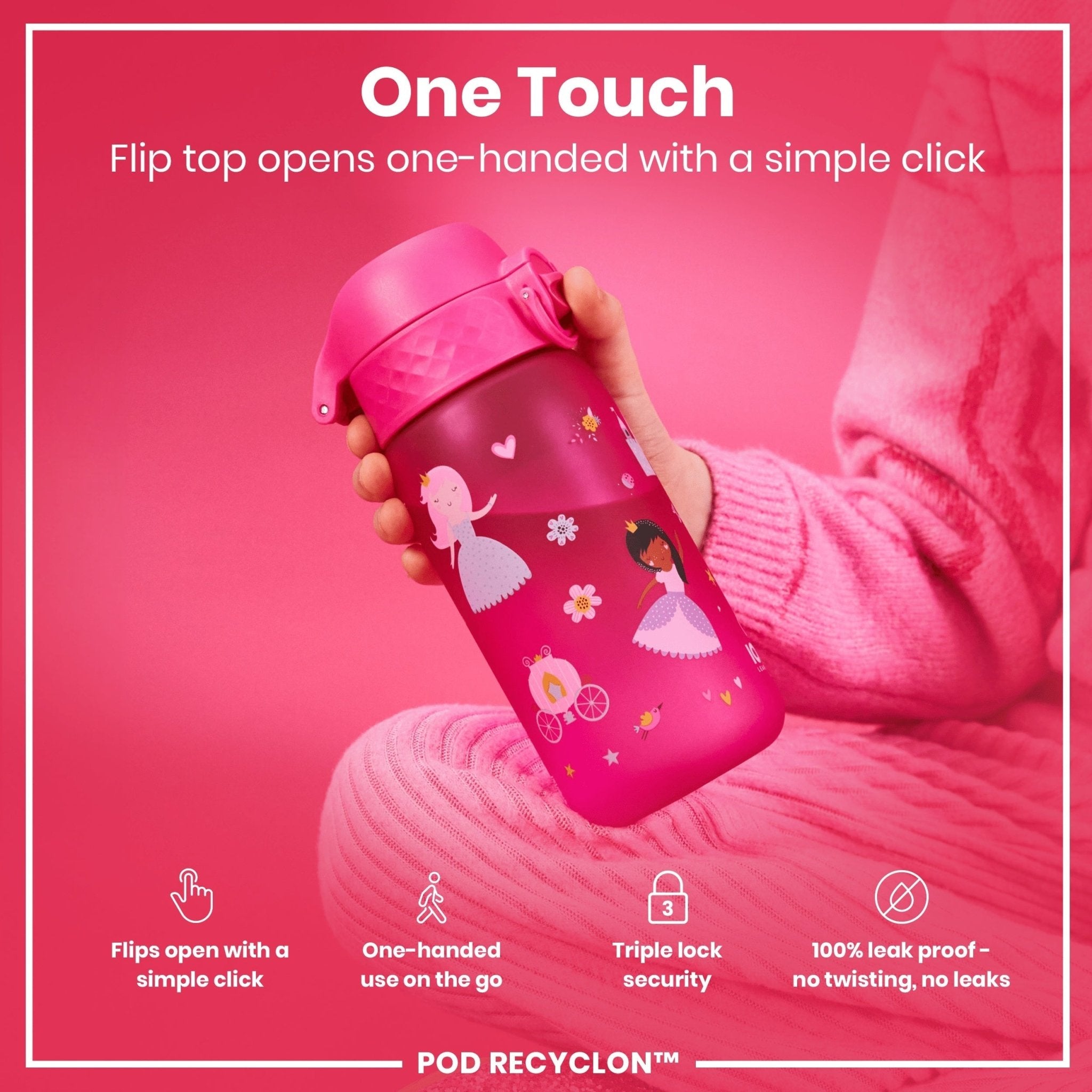 Recyclon leak-proof kids water bottle by ION8 featuring a princess design, 350ml (12oz) capacity, and durable construction.