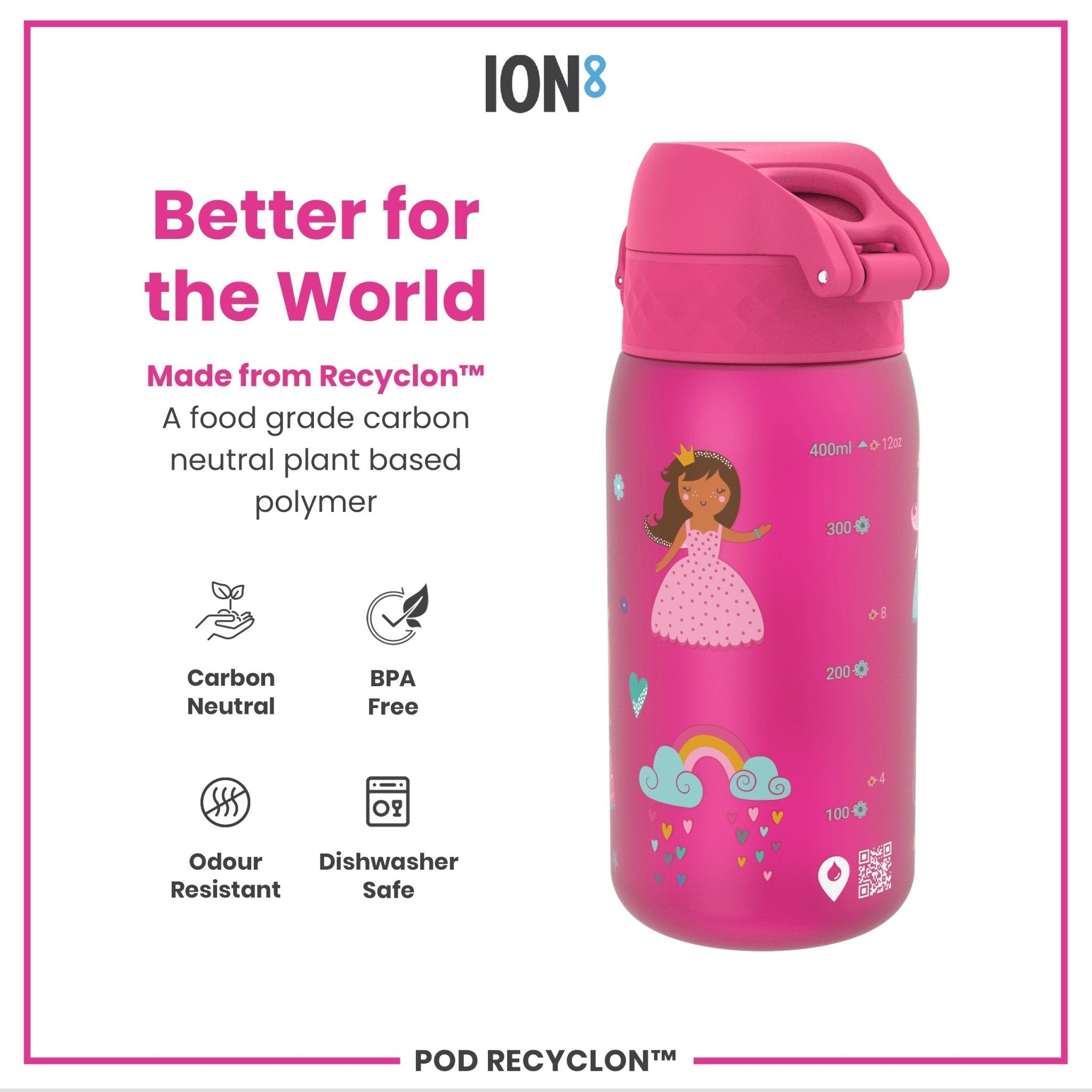 Ion8 Recyclon leak-proof kids water bottle featuring a princess design, 350ml (12oz) capacity, made for everyday hydration.