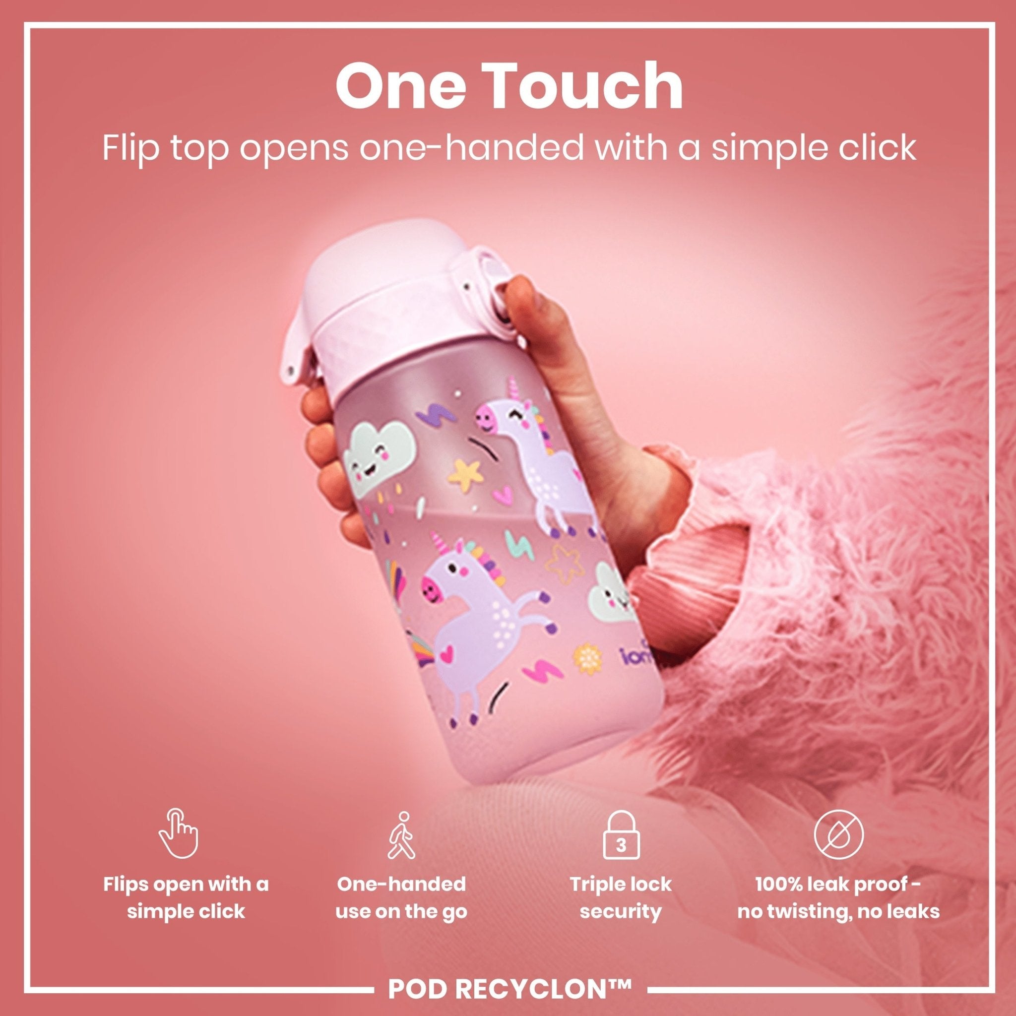 Ion8 leak-proof kids water bottle with unicorn design, 350ml recyclable Recyclon water bottle for children.