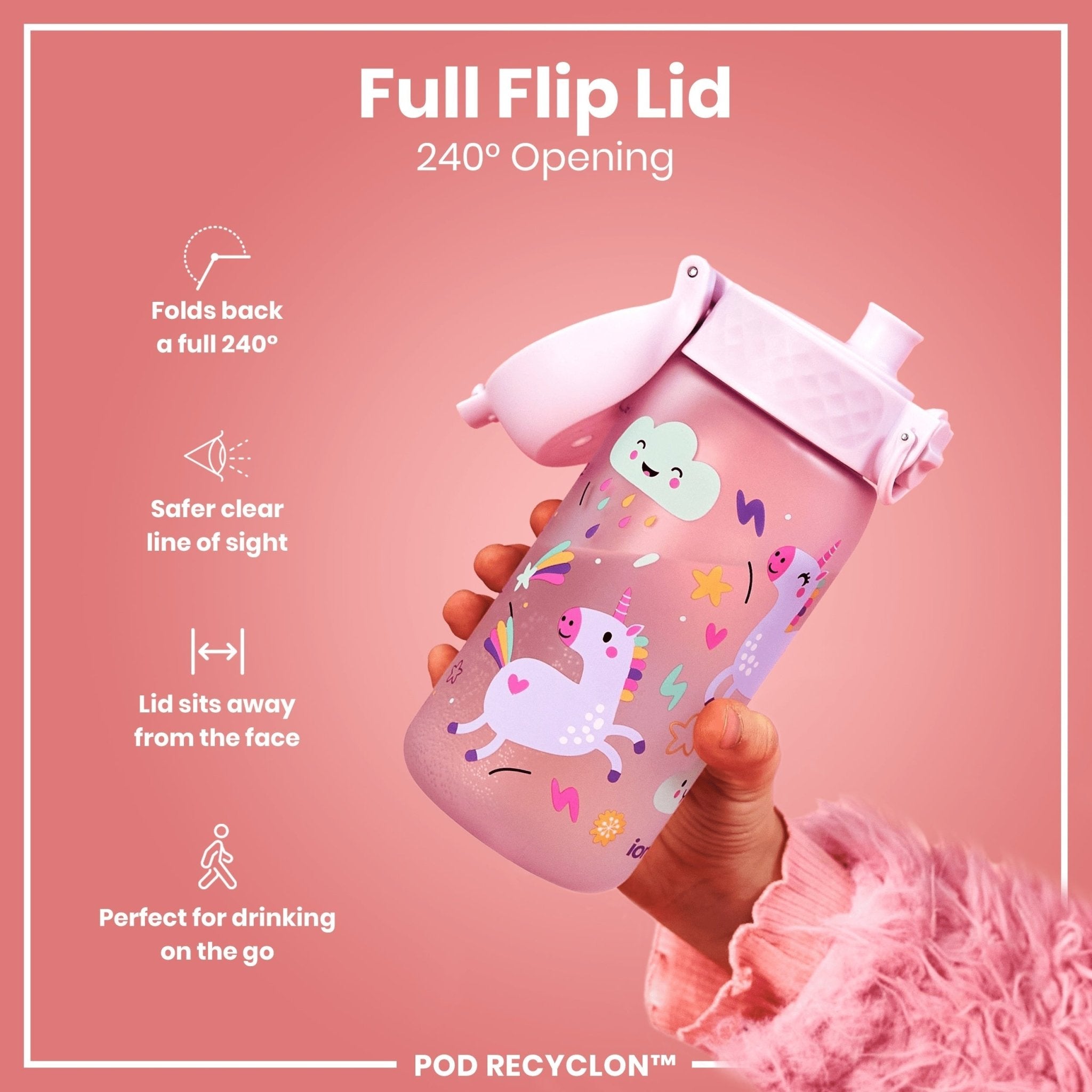 Ion8 leak-proof kids water bottle with unicorn design, 350ml recyclable Recyclon water bottle for children.