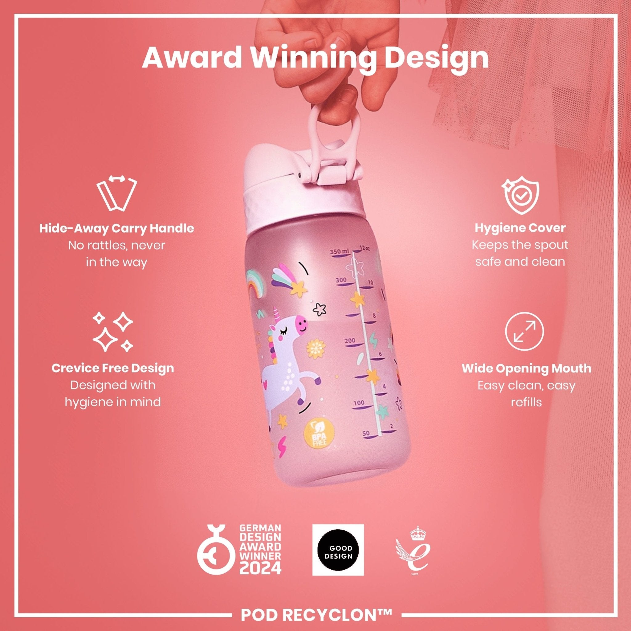Recyclon kids water bottle by ION8 with unicorn design, leak-proof 350ml (12oz) reusable water bottle for children