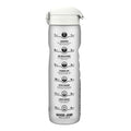 ION8 Recyclon 1L leak-proof water bottle with time markers, ice compartment, durable plastic, and ergonomic design for hydration.