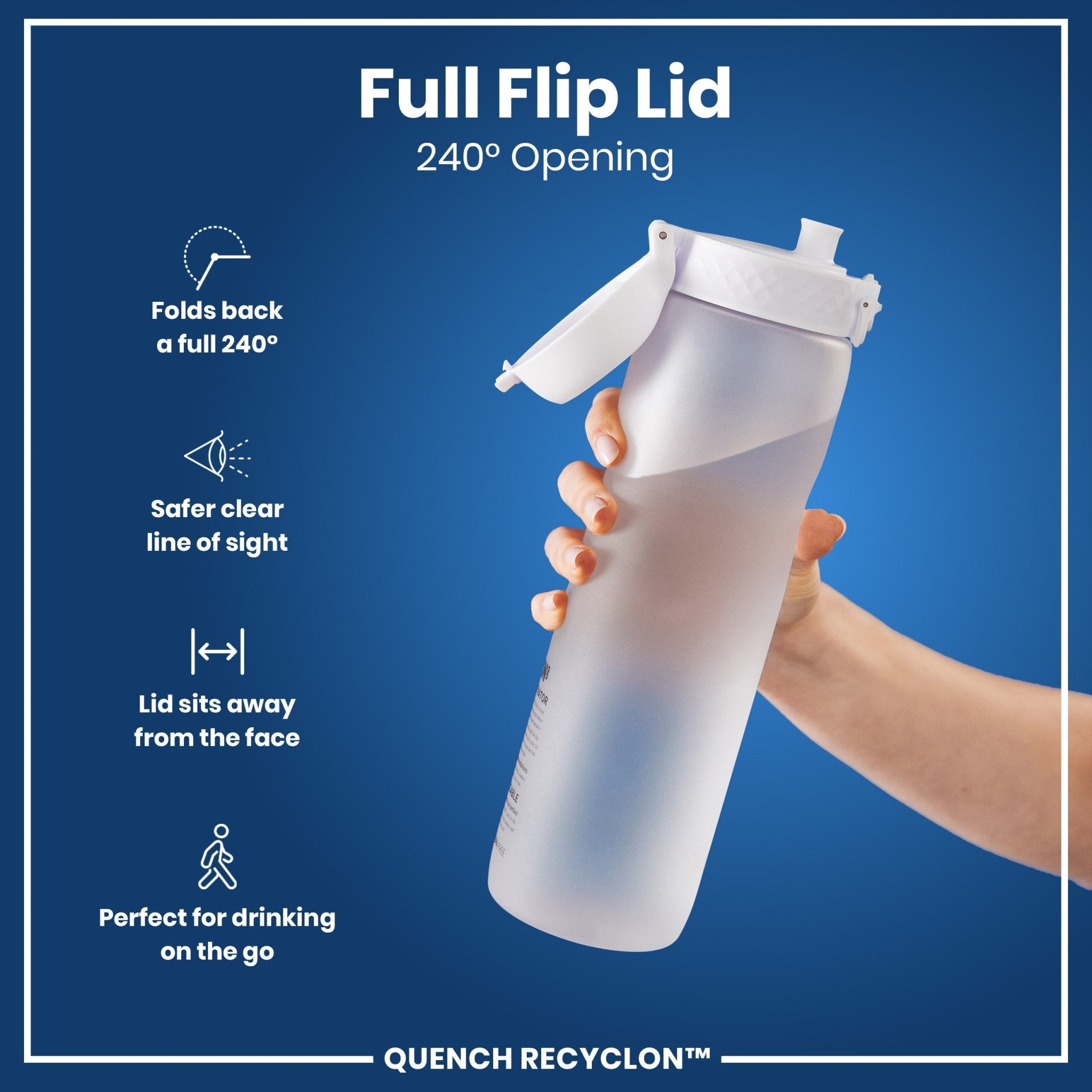 ION8 Recyclon 1L leak-proof water bottle with time markers, ice-compatible, durable plastic, perfect for staying hydrated on the go.