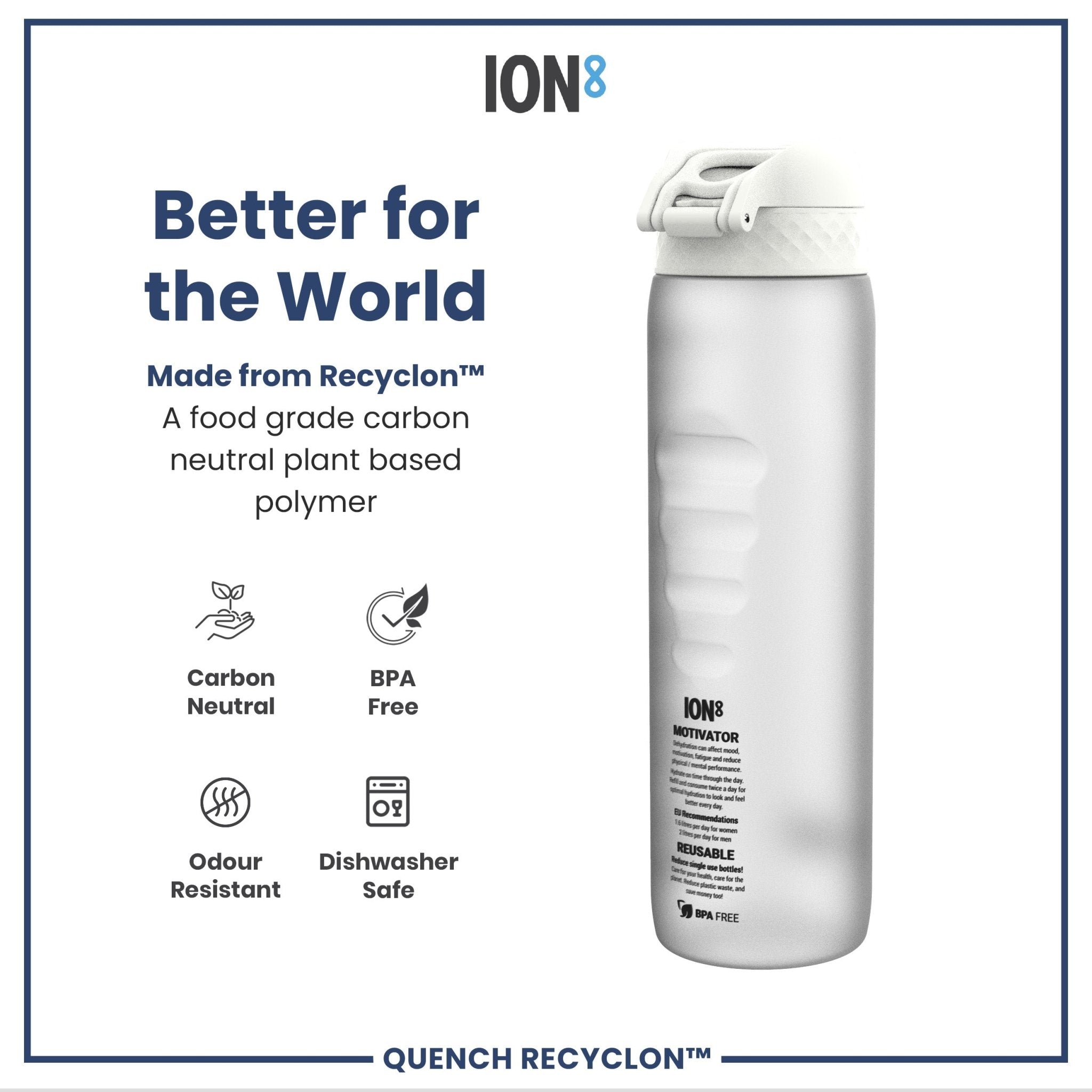 Ion8 Recyclon 1L leak-proof water bottle with time markers, ice-compatible, durable plastic for hydration on the go.