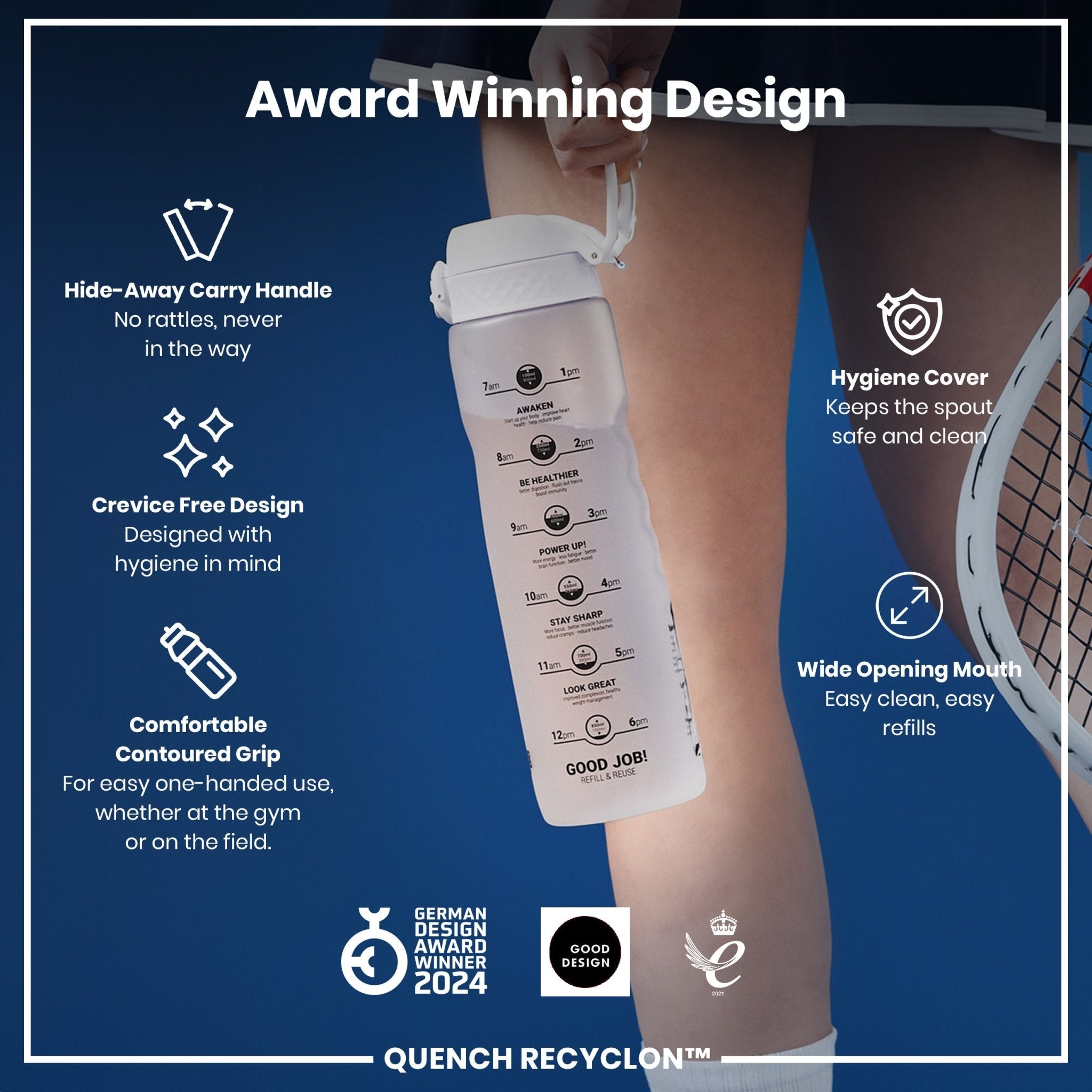 ION8 Recyclon 1L leak-proof water bottle with time markers, ice-compatible, designed for easy hydration and reuse.