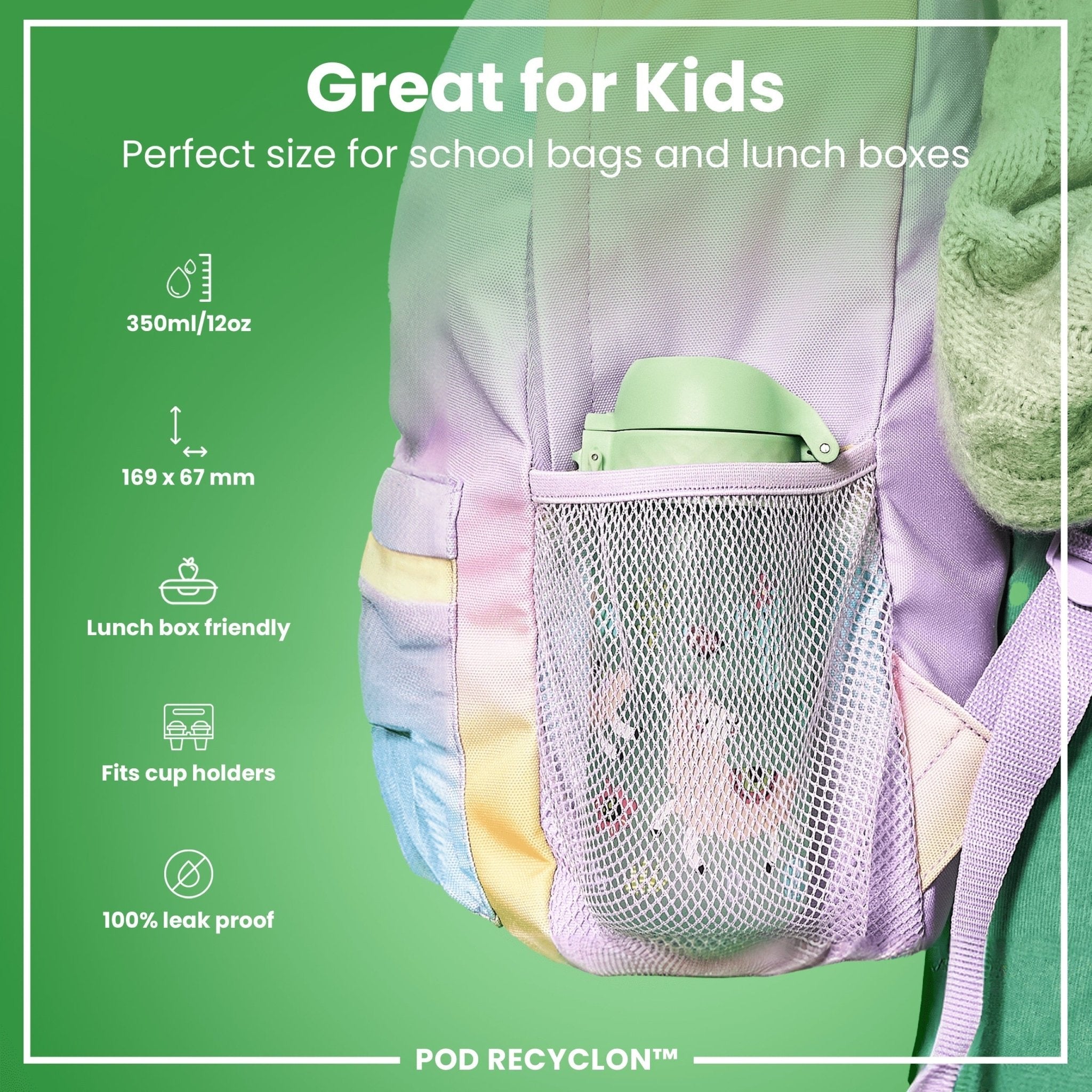 Recyclon leak-proof kids water bottle with llama design by ION8, 350ml (12oz), featuring a colorful cartoon llama and secure lid.