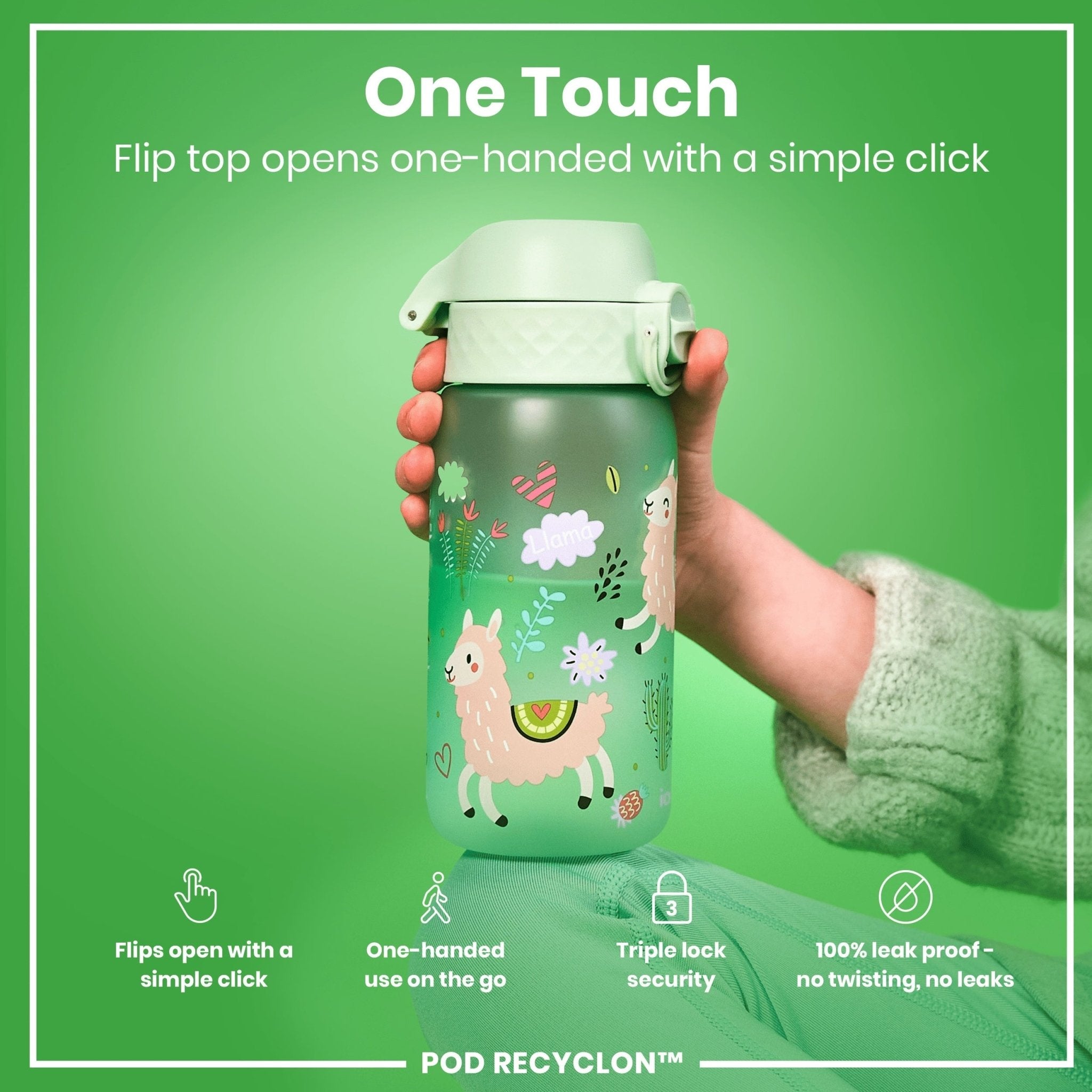 Recyclon leak-proof kids water bottle with llama design, 350ml capacity, by ION8, featuring a secure lid and colorful llama graphics.