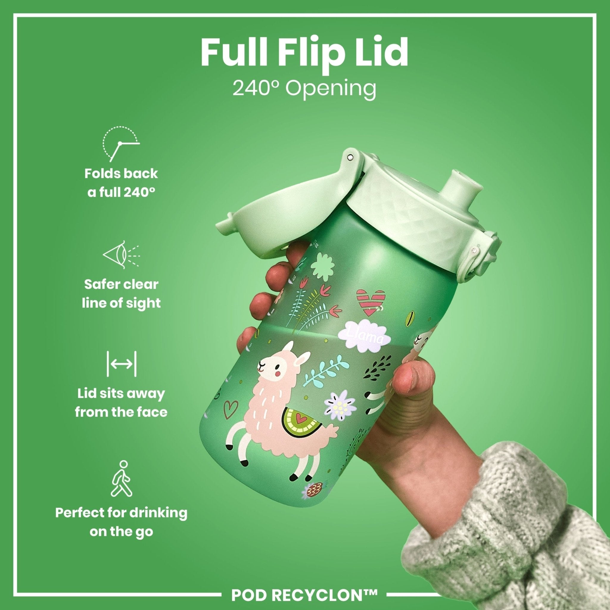 Ion8 leak-proof kids water bottle with llama design, 350ml recyclable Recyclon water bottle for children