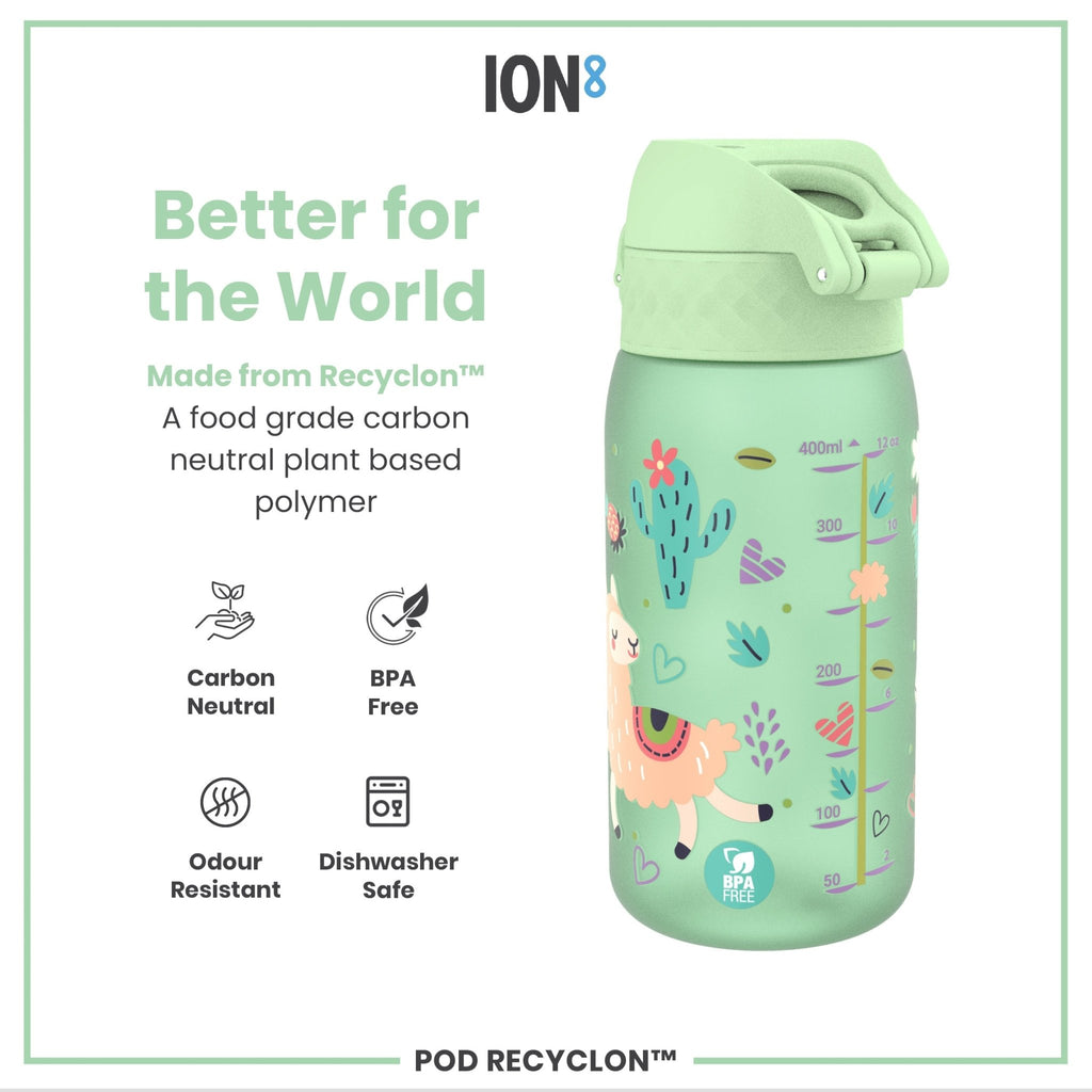 Ion8 Leak Proof Kids Water Bottle with Llamas design, 350ml Recyclon water bottle for children, durable and eco-friendly.