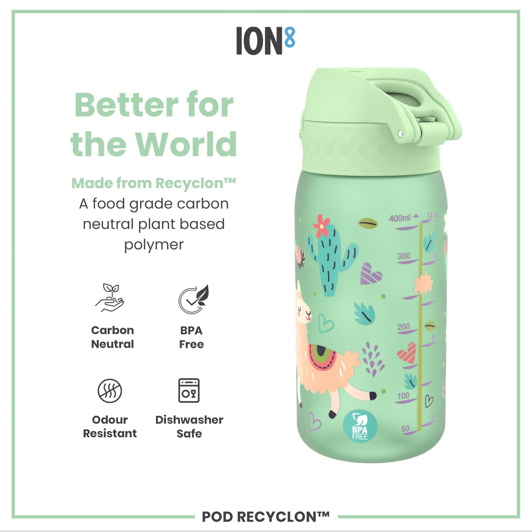 Ion8 Leak Proof Kids Water Bottle with Llamas design, 350ml Recyclon water bottle for children, durable and eco-friendly.