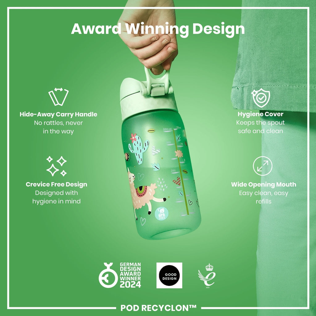 ION8 Recyclon leak-proof kids water bottle with llama design, 350ml (12oz) reusable water bottle for children.