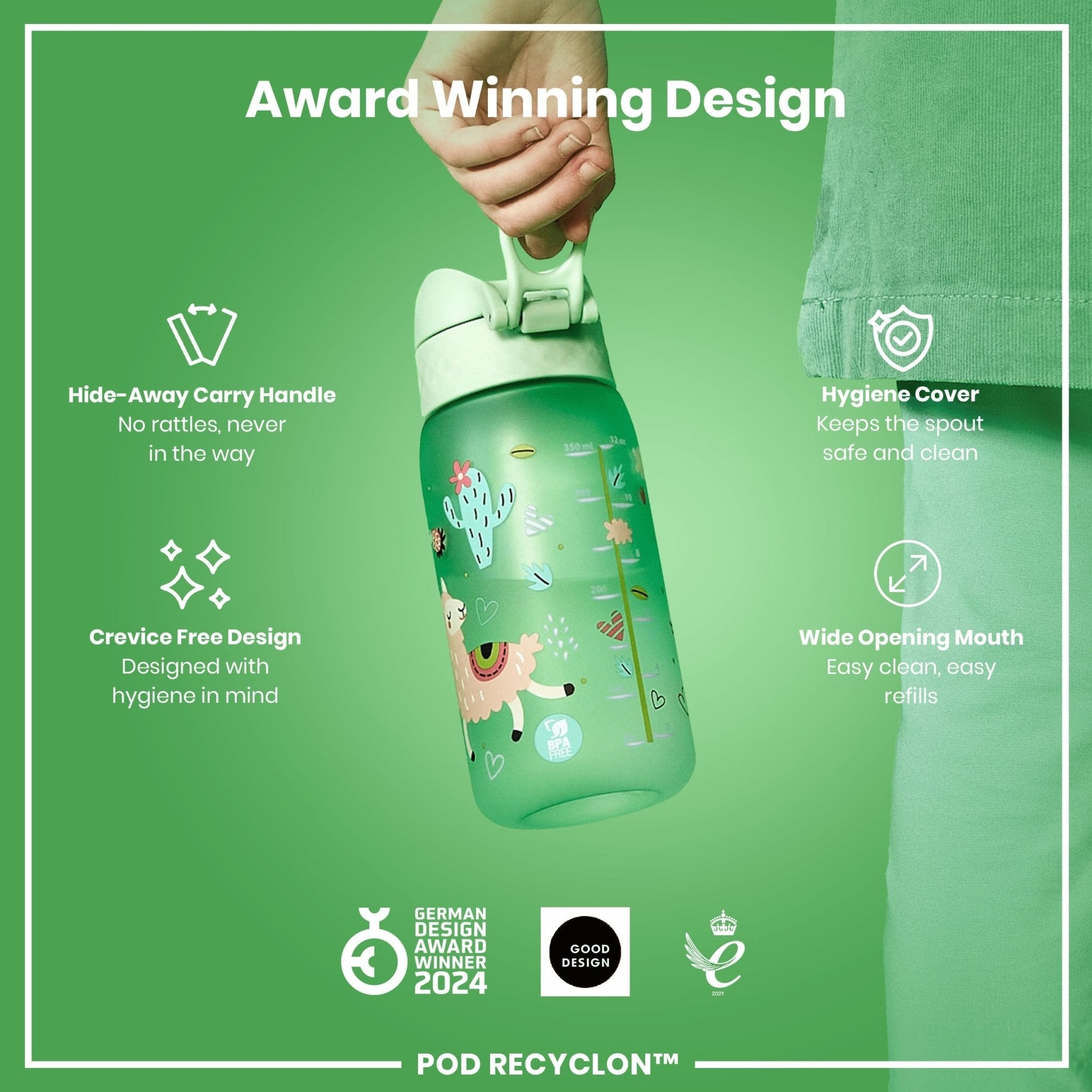 ION8 Recyclon leak-proof kids water bottle with llama design, 350ml (12oz) reusable water bottle for children.