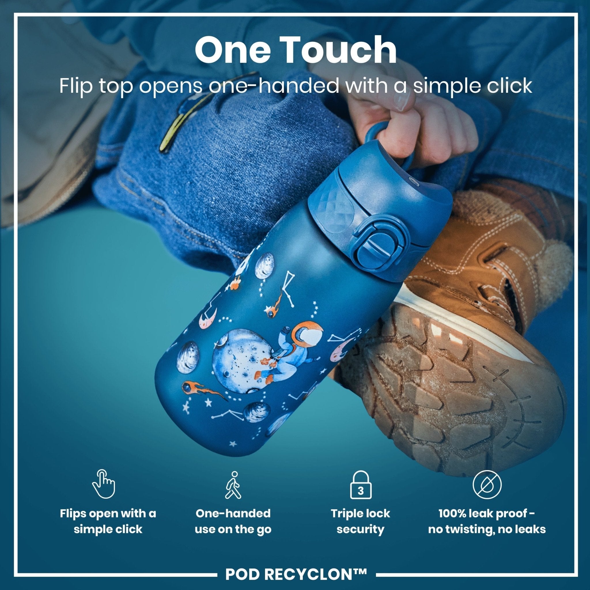 ION8 Recyclon leak-proof kids water bottle with space design, 350ml (12oz) in blue, featuring a secure lid and durable construction.