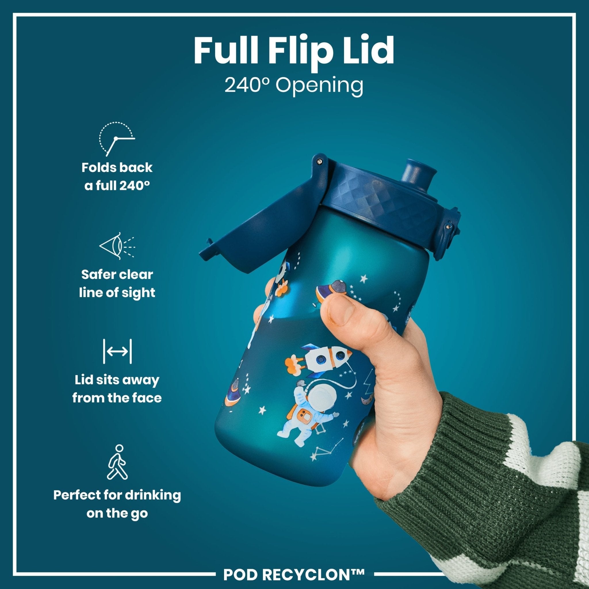 Ion8 Recyclon leak-proof kids water bottle with space design, 350ml (12oz) in durable, recyclable material