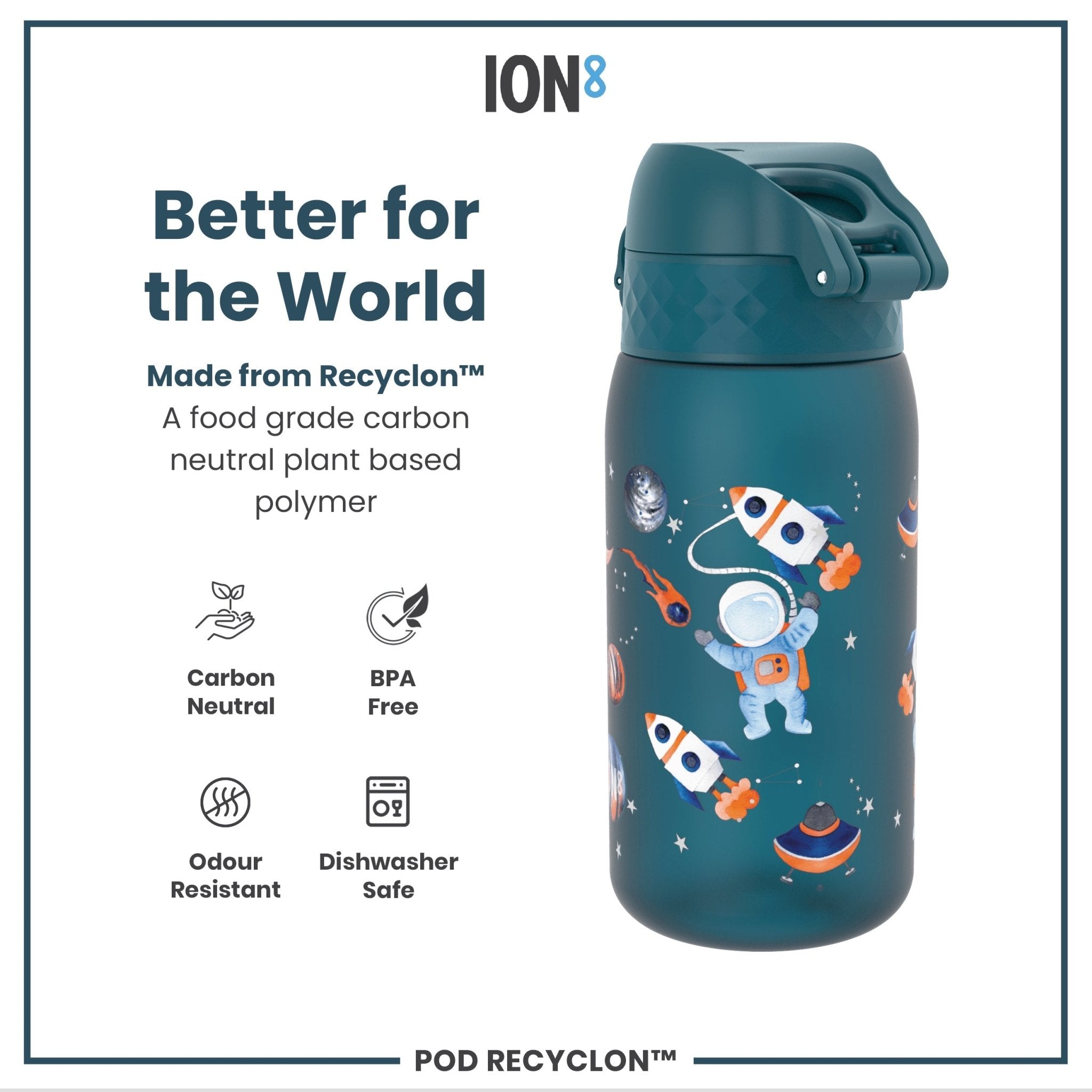 ION8 Recyclon leak-proof kids water bottle with space design, 350ml (12oz) capacity, made for children, durable and eco-friendly.