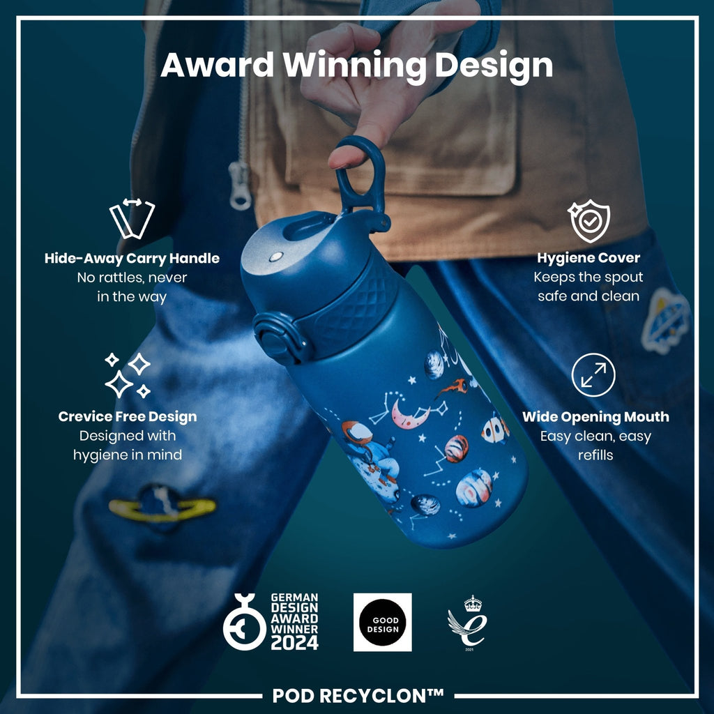 ION8 Recyclon Leak Proof Kids Water Bottle in space design, 350ml (12oz), durable and eco-friendly for children.