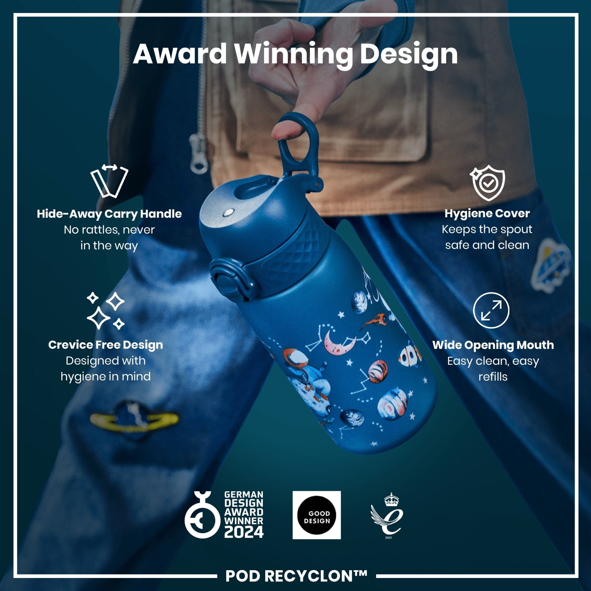 ION8 Recyclon Leak Proof Kids Water Bottle in space design, 350ml (12oz), durable and eco-friendly for children.