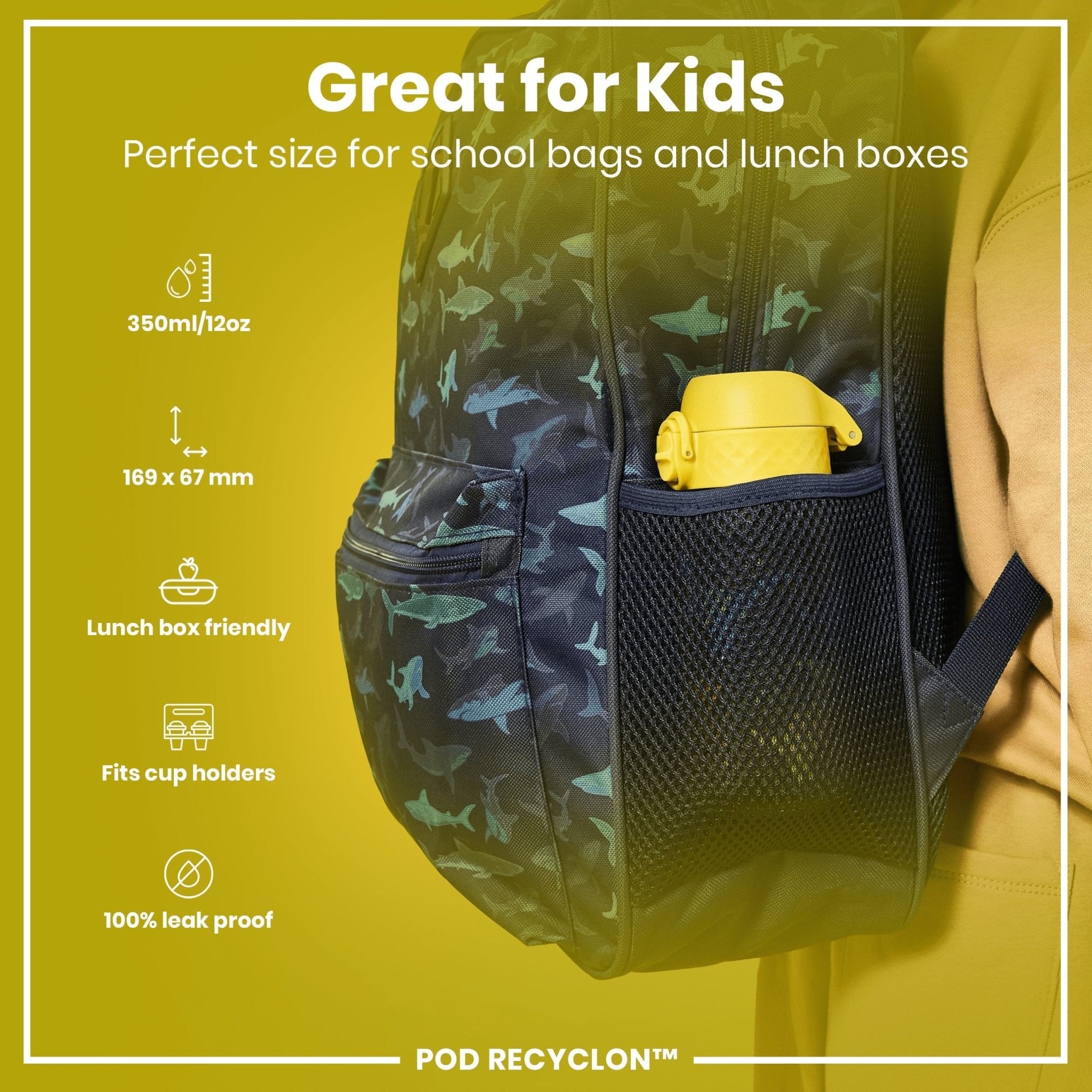 Recyclon leak-proof kids water bottle with dinosaur design by ION8, 350ml (12oz), featuring a secure cap and playful dinosaur illustration