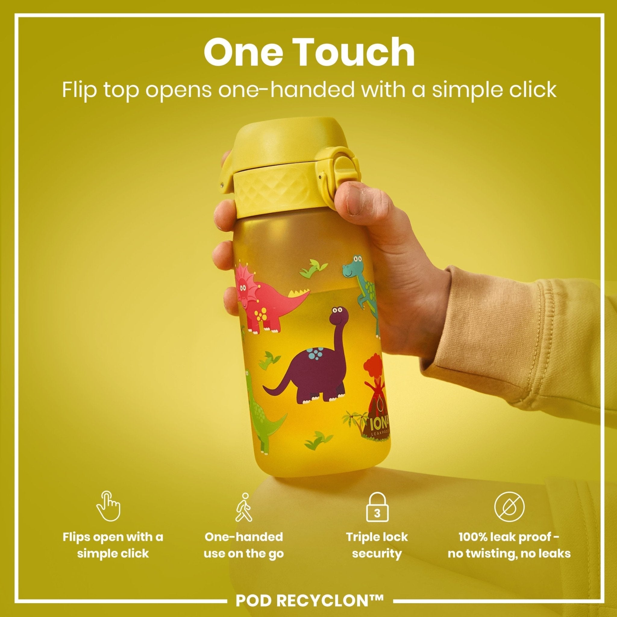 Recyclon leak-proof kids water bottle with dinosaur design by ION8, 350ml (12oz), made for durable, spill-proof hydration.