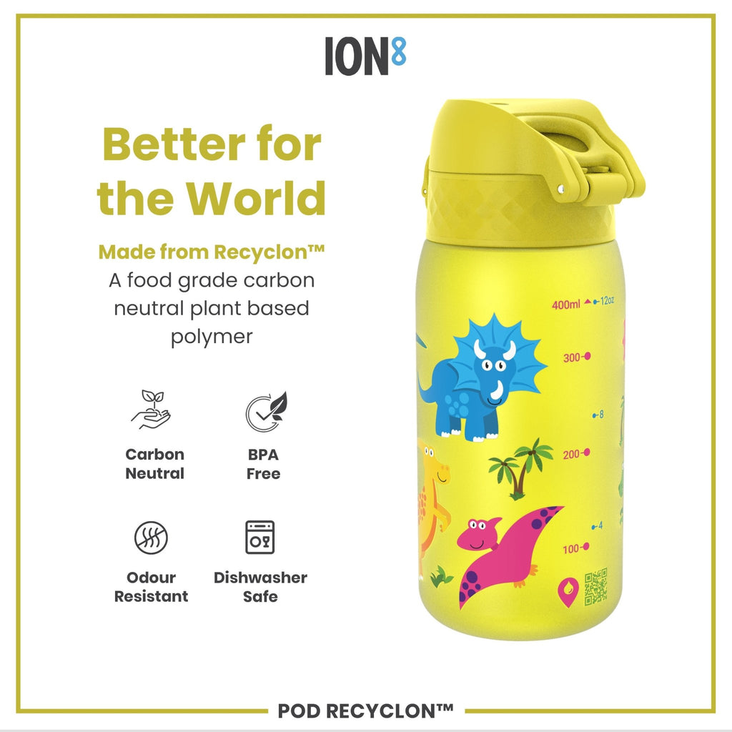 Recyclon kids water bottle by ION8 featuring a dinosaur design, leak-proof 350ml reusable water bottle for children.