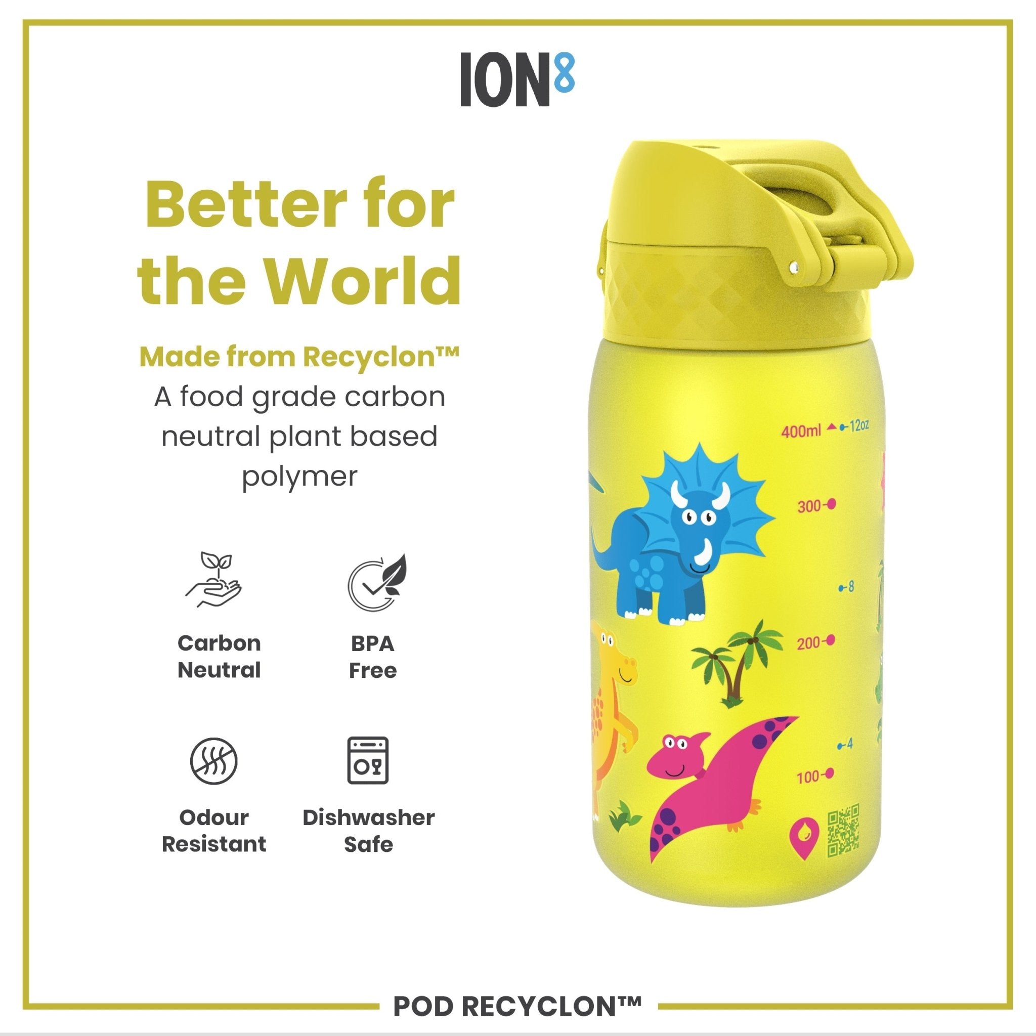 Recyclon kids water bottle by ION8 featuring a dinosaur design, leak-proof 350ml reusable water bottle for children.