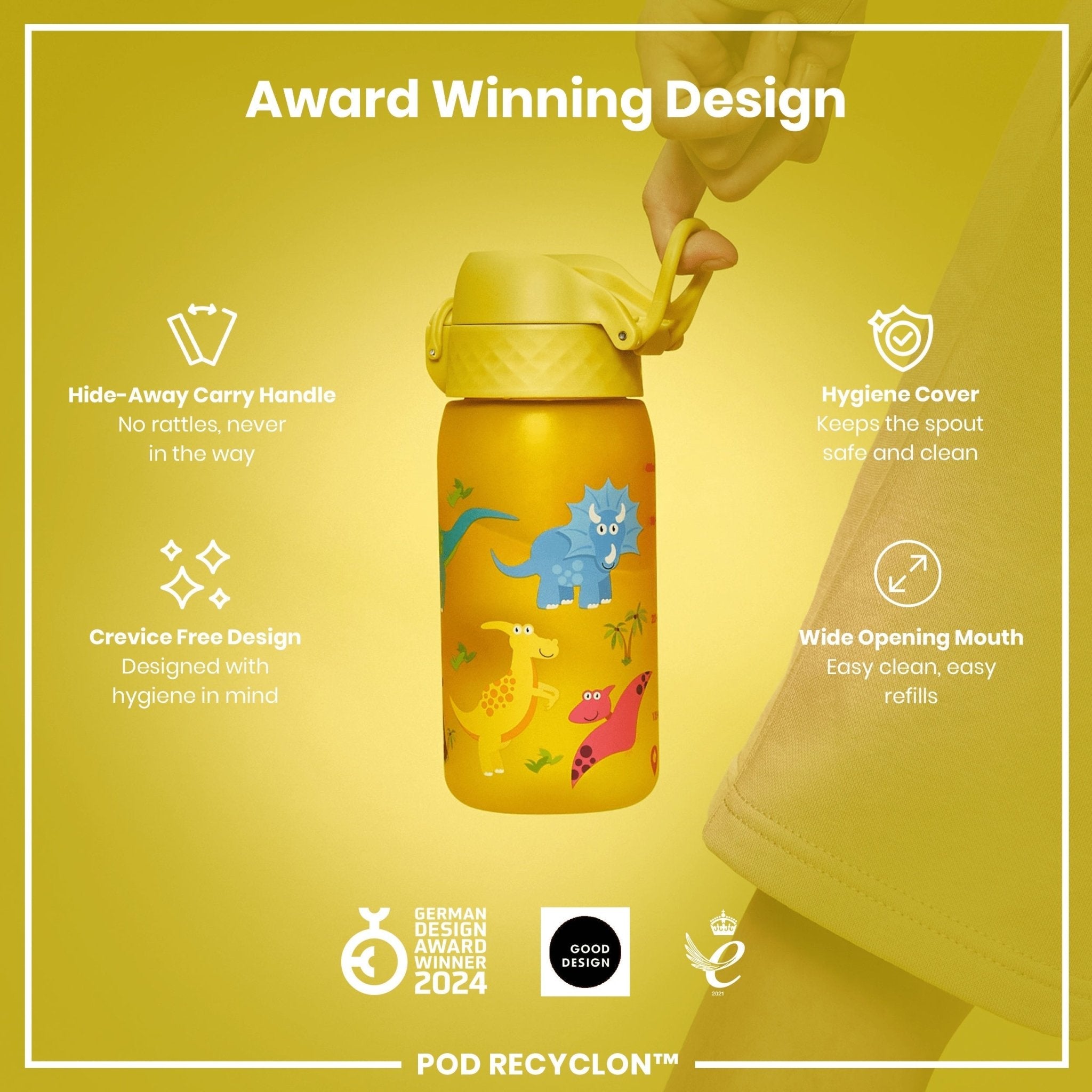 ION8 Recyclon leak-proof kids water bottle with dinosaur design, 350ml capacity, durable and reusable for children.