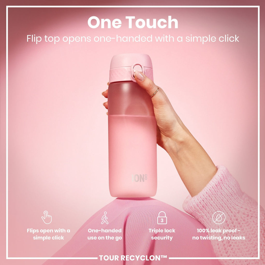 ION8 Recyclon water bottle with rose quartz design, 750ml, featuring a sleek transparent body and pink accents.