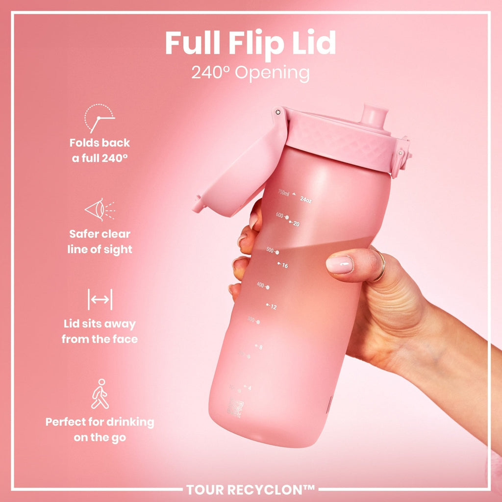 ION8 Recyclon 750ml rose quartz water bottle with clear plastic body and pink screw cap, designed for eco-friendly hydration.