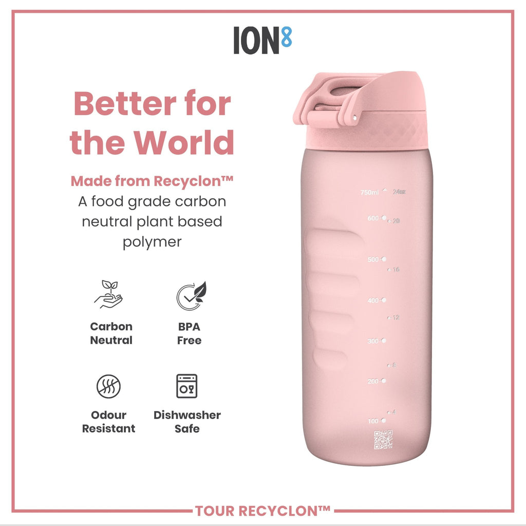ION8 Recyclon water bottle in rose quartz color, 750ml, made from recyclable materials, with a sleek design and screw cap.