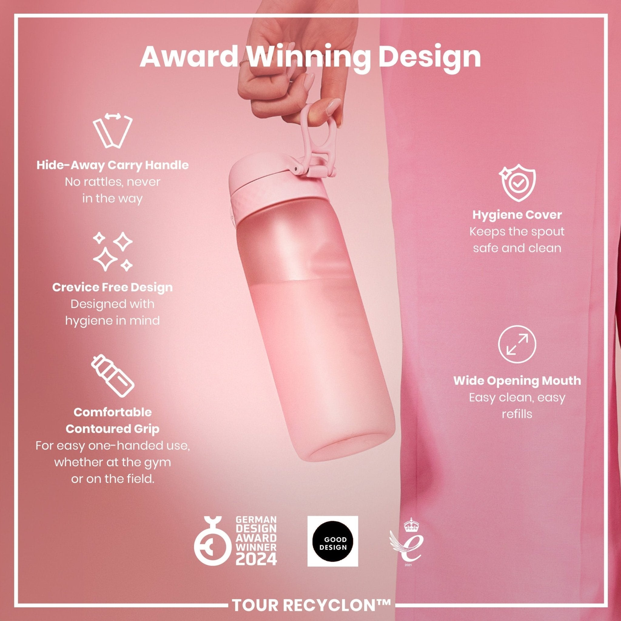 ION8 Recyclon Rose Quartz 750ml water bottle with a sleek, clear design and pink rose quartz accents.