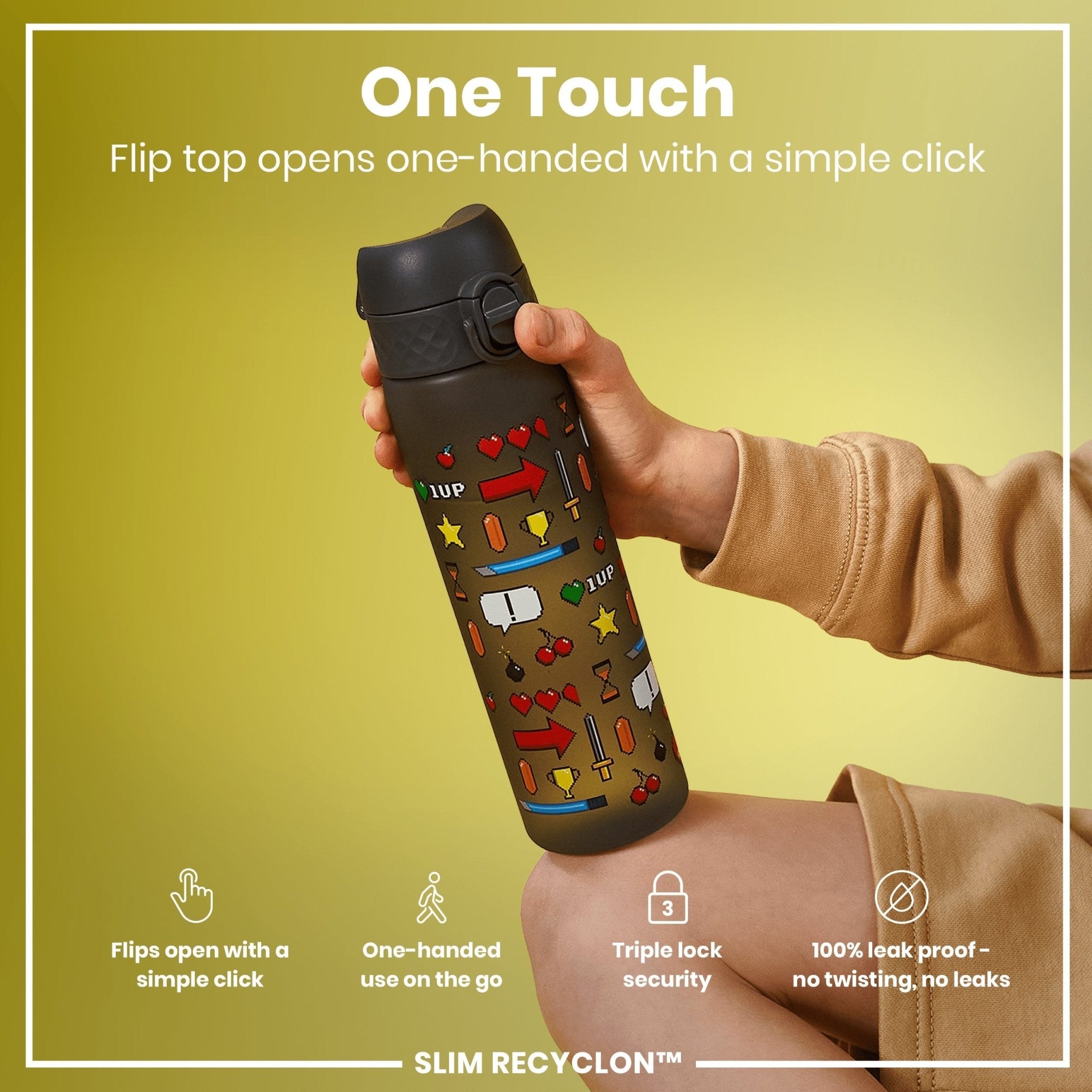 Ion8 Leak Proof Slim Water Bottle, 500ml Recyclon gamer water bottle with secure lid and sleek design.